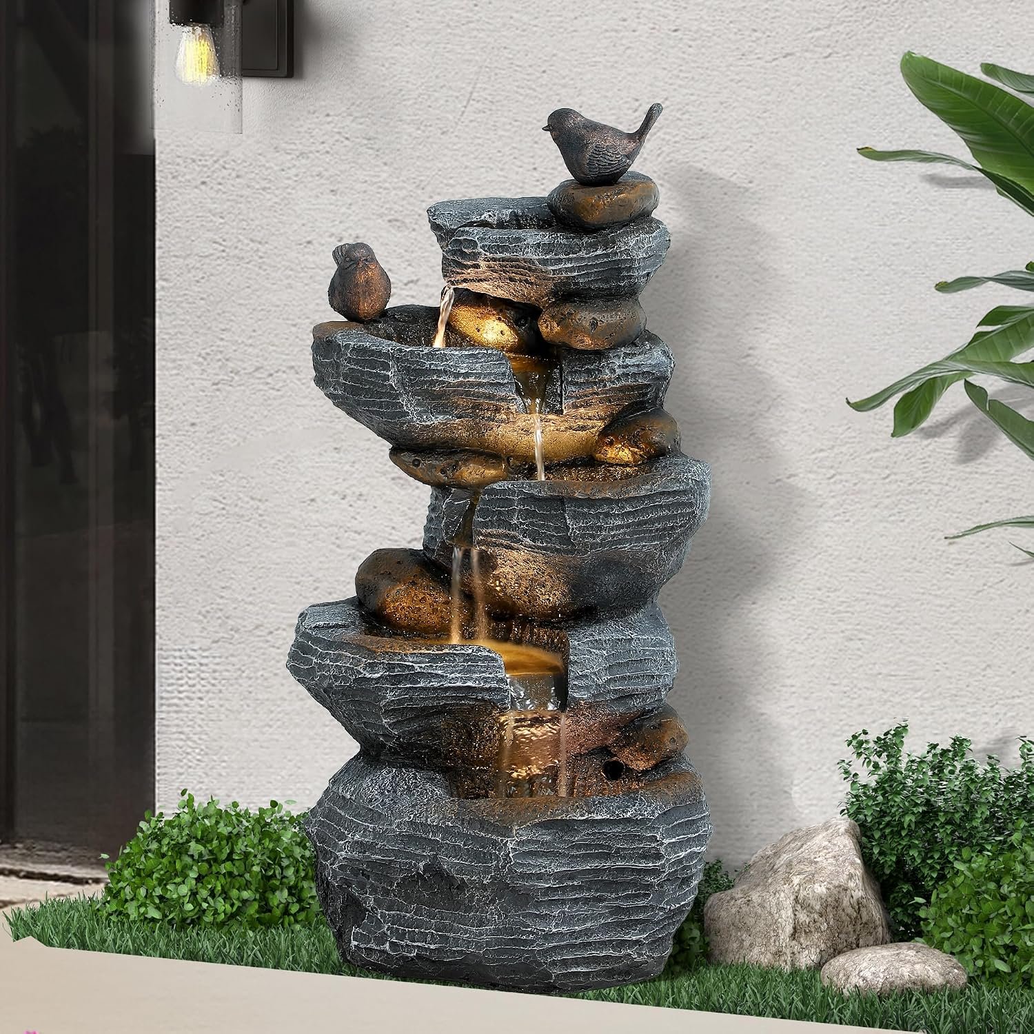 5-Tiers Cascading Rock Water Fountain Outdoor, Waterfalls Fountains | Garden Freestanding Resin Water Feature Fountain with LED Lights, Pump for Indoors Patio, Backyard, Deck, Porch, Home Decor