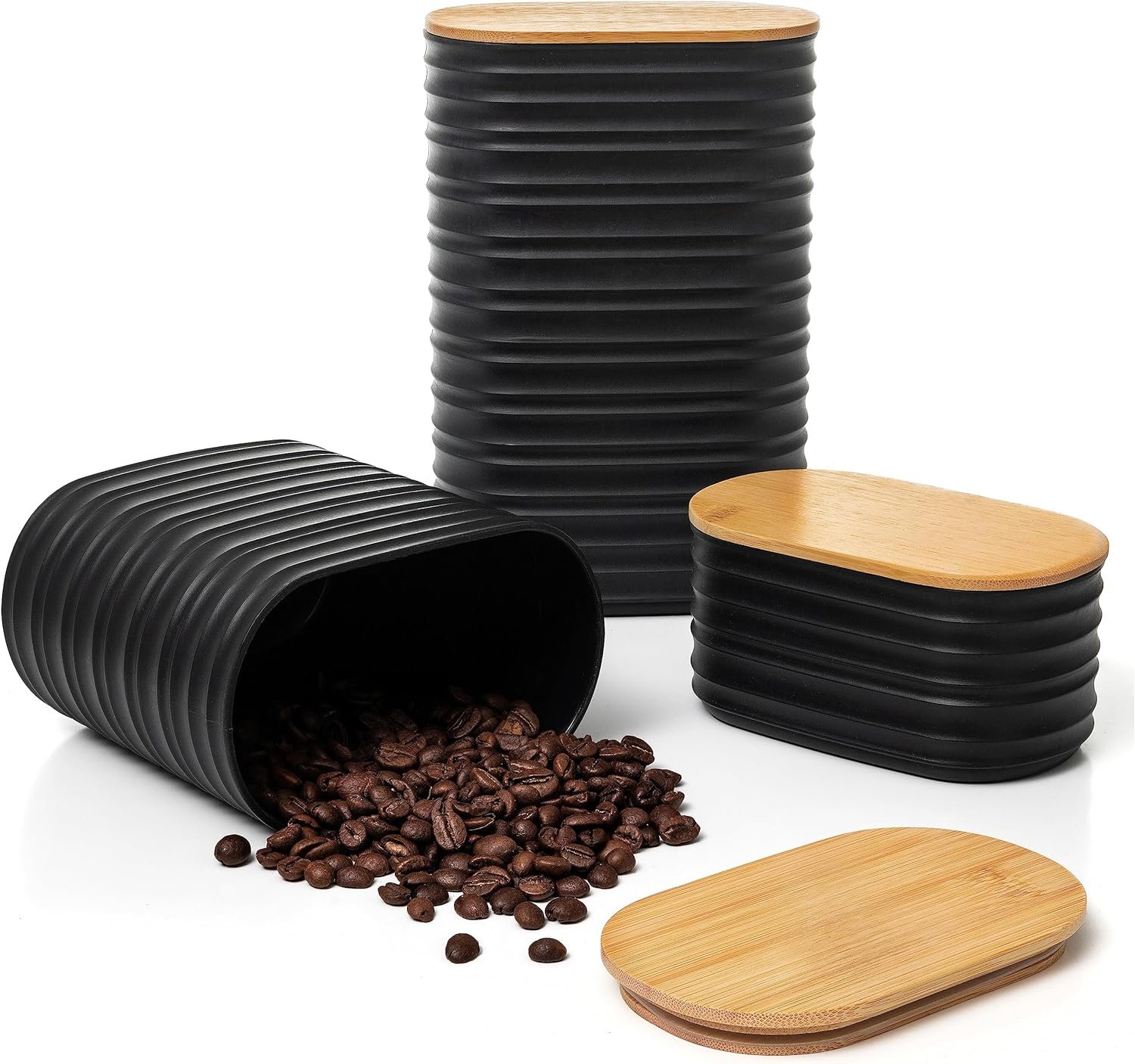 Mixpresso 3 Pcs Black Canisters Sets for the Kitchen, Coffee Containers | 3 Different Size Plastic BPA-Free Food Storage Canisters, Bamboo Lids & Silicone Seals for Tea, sugar, Flour & Countertops