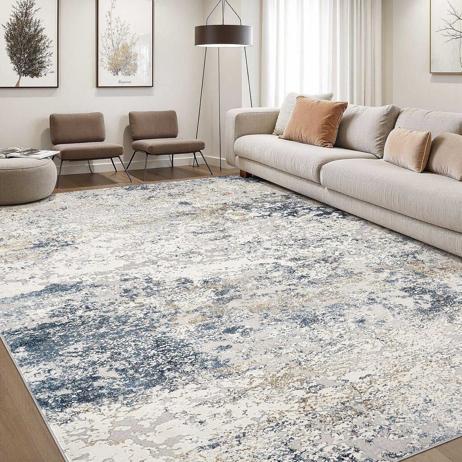 DMOYEST Area Rug Living Room Rugs 8×10 Washable Abstract Beige Blue Carpet | Neutral Modern Large Non-Slip Soft Low Pile Rugs for Bedroom Dining Room Home Office Indoor Decor