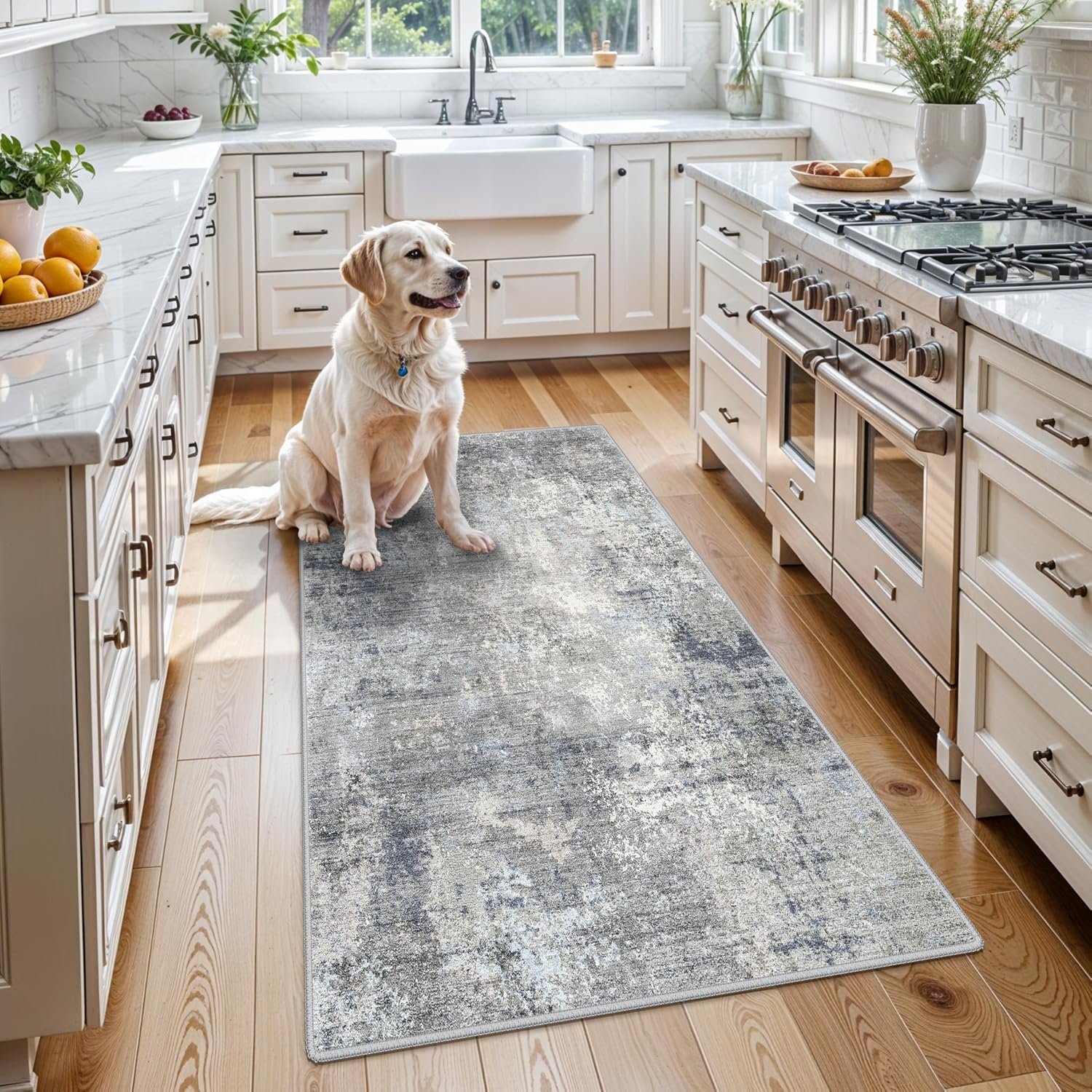 3×5 Washable Entryway Rug – Non-Slip Rubber Backed Small Area Rug for Kitchen, Bedroom, Living Room, Office – Soft Low-Pile Thin Modern Abstract Neutral Throw Rug （Blue Gray,3×5）