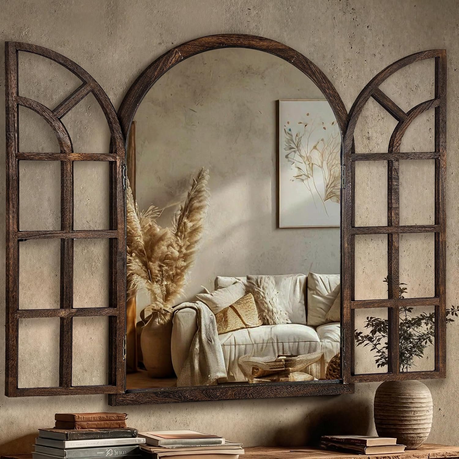 Farmhouse Window Mirror for Wall, 38”x26” Rustic Vintage Arch Mirror | Wood Window Frame, HD Tempered Glass, Arched decorative mirror for wall decor, Living Room, Entryway, Bedroom, Brown