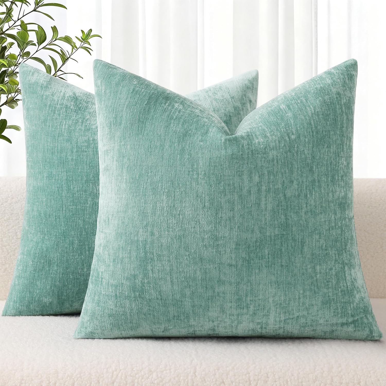 decorUhome Chenille Aqua Haze Throw Pillow Covers 18×18 Inch Set of 2, Decorative Soft Couch Pillow Covers Solid Dyed Accent Velvet Farmhouse Neutral Square Pillow Cases for Sofa Bed Living Room | Decorative Fall Couch Pillow Covers Solid Dyed Accent Modern Farmhouse Neutral Square Pillow Cases for Sofa