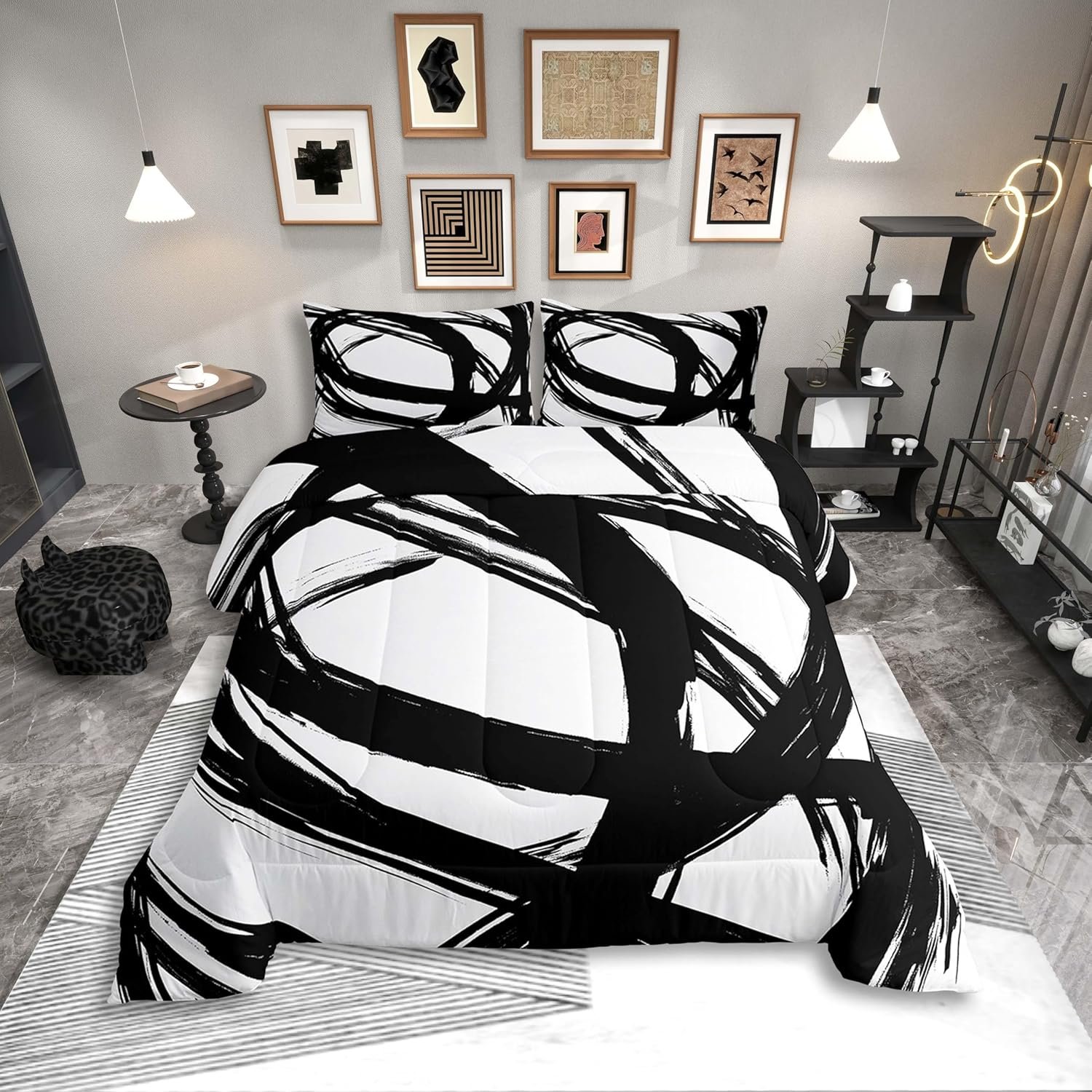 Erosebridal Black and White Abstarct Queen Comforter Set for Adult Women Men, Geometric Striped Bedding Set for Minimalists,Graffiti Aesthetic Lines Quilt,Contemporary Boho Modern Art Duvet Insert