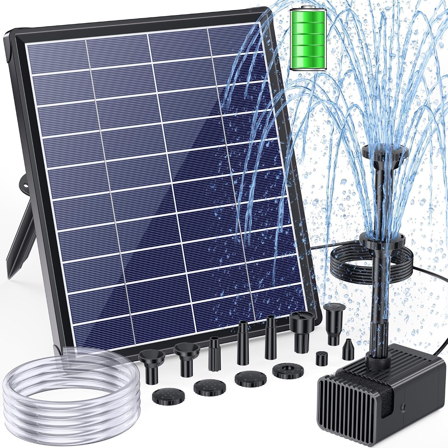 6.5W Solar Fountain Pump for Bird Bath Built-in 3000mAh Battery Backup, DIY Solar Water Fountain with Double-Layer Nozzles & Dry-Run Protection 5Ft Tubing for Ponds, Bird Bath, Water Features