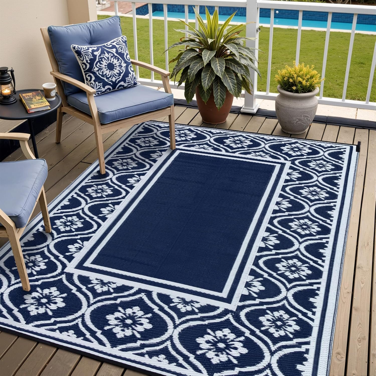 5×8 Navy Blue Lantern Waterproof Outdoor Rug for Patio | Reversible Plastic Straw, Foldable, Easy Clean Outdoor Mat for Balcony, Porch, Beach, Tent, RV, Picnic