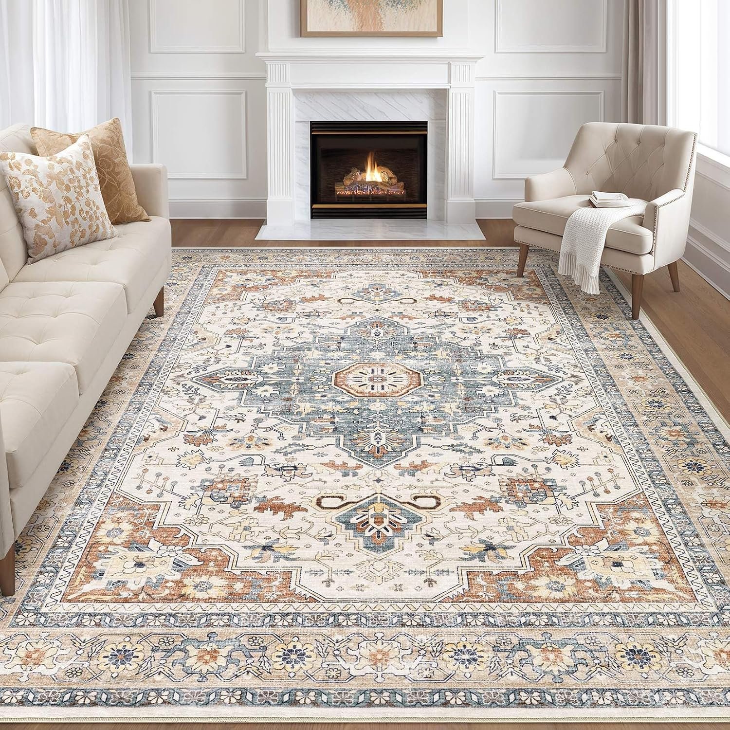 8×10 Area Rugs Living Room: Washable Boho Large Neutral Vintage Soft Rug Stain Resistant Distressed Farmhouse Non-Slip Indoor Floor Carpet for Bedroom Nursery Kids Office Dining Room- Beige Blue