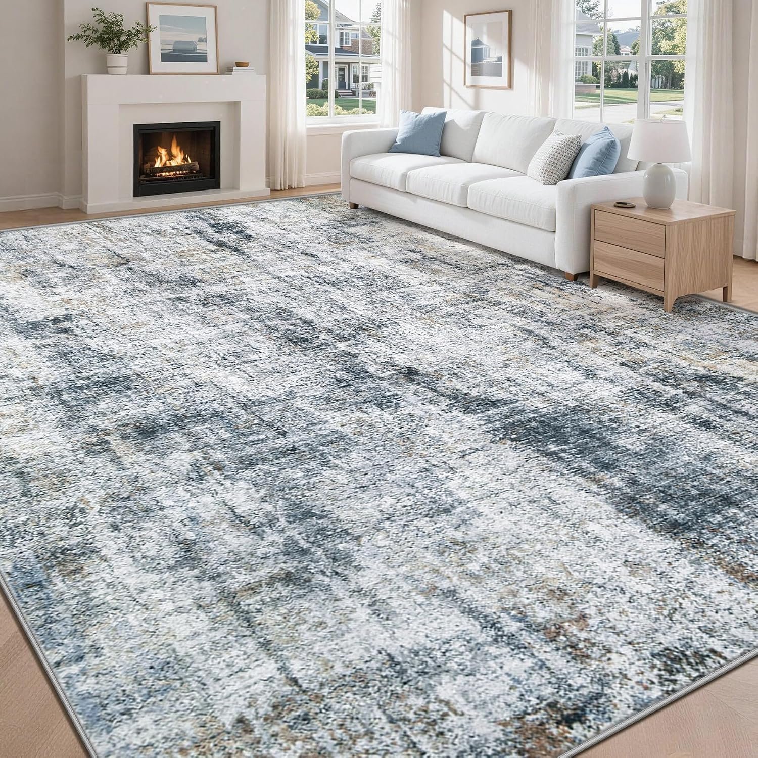 MXSANYOO 8×10 Area Rugs Washable Rug: Abstract Neutral Rugs Modern Non Slip Area Rug Stain Resistant Low Pile Indoor Carpet for Dining Room Bedroom Nursery Office (Multi Blue, 8’x10′)