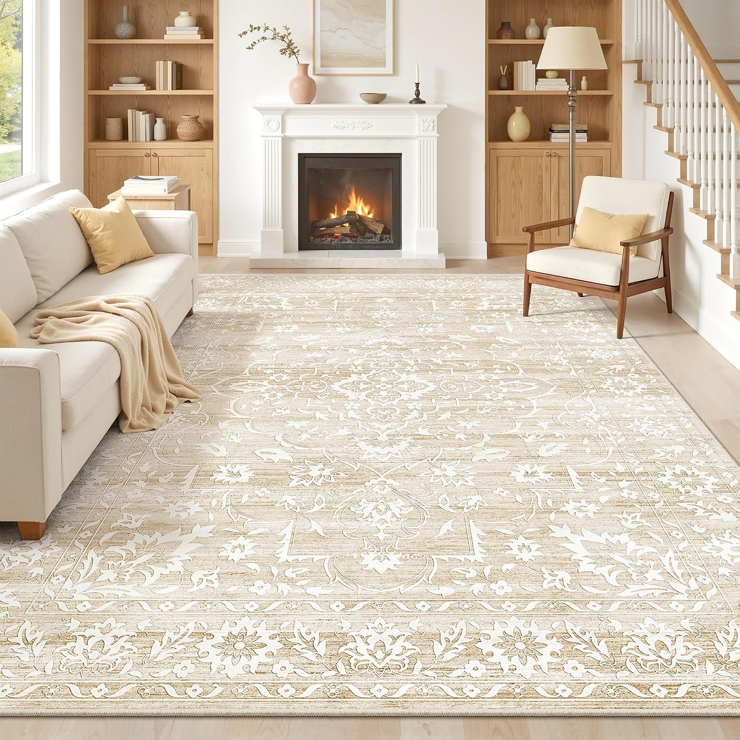 Soalmost 8×10 Area Rugs for Living Room, Washable Neutral Soft Rug Beige | Vintage Floral Non-Slip Low Pile Throw Large Carpet for Dining Room Bedroom Kitchen Home Office 8’x10′