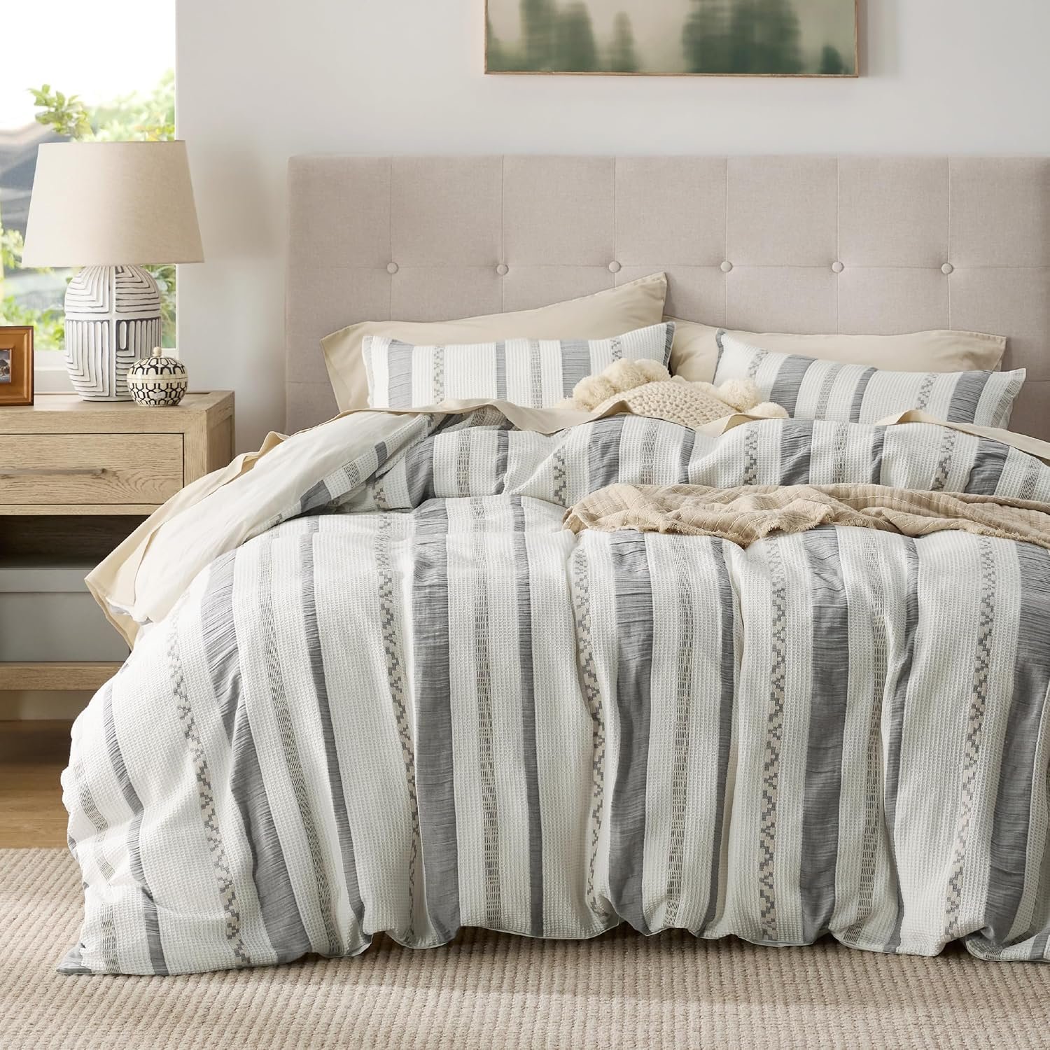 Bedsure PureWoven Boho Striped Cotton Waffle Duvet Cover Set, Queen, White | Boho Jacquard Stripe, Waffle Texture, Breathable, Corner Ties & Zipper Closure, All-Season, Machine Washable, Home Decor Gift