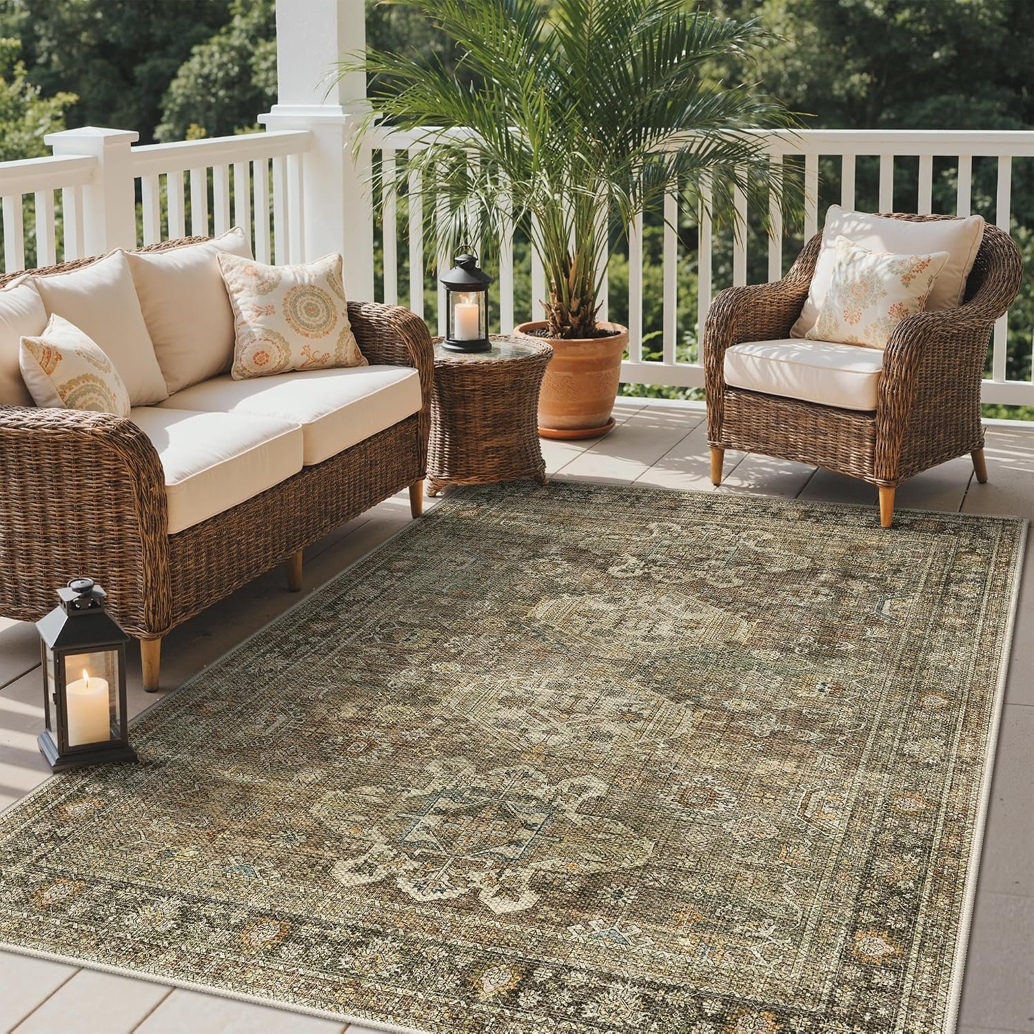 GENIMO 5×8 Outdoor Rug, Washable for Patio and Deck, Sage | Vintage boho medallion design for porch; fade resistant chenille with quick-dry non-slip backing for indoor sunroom.