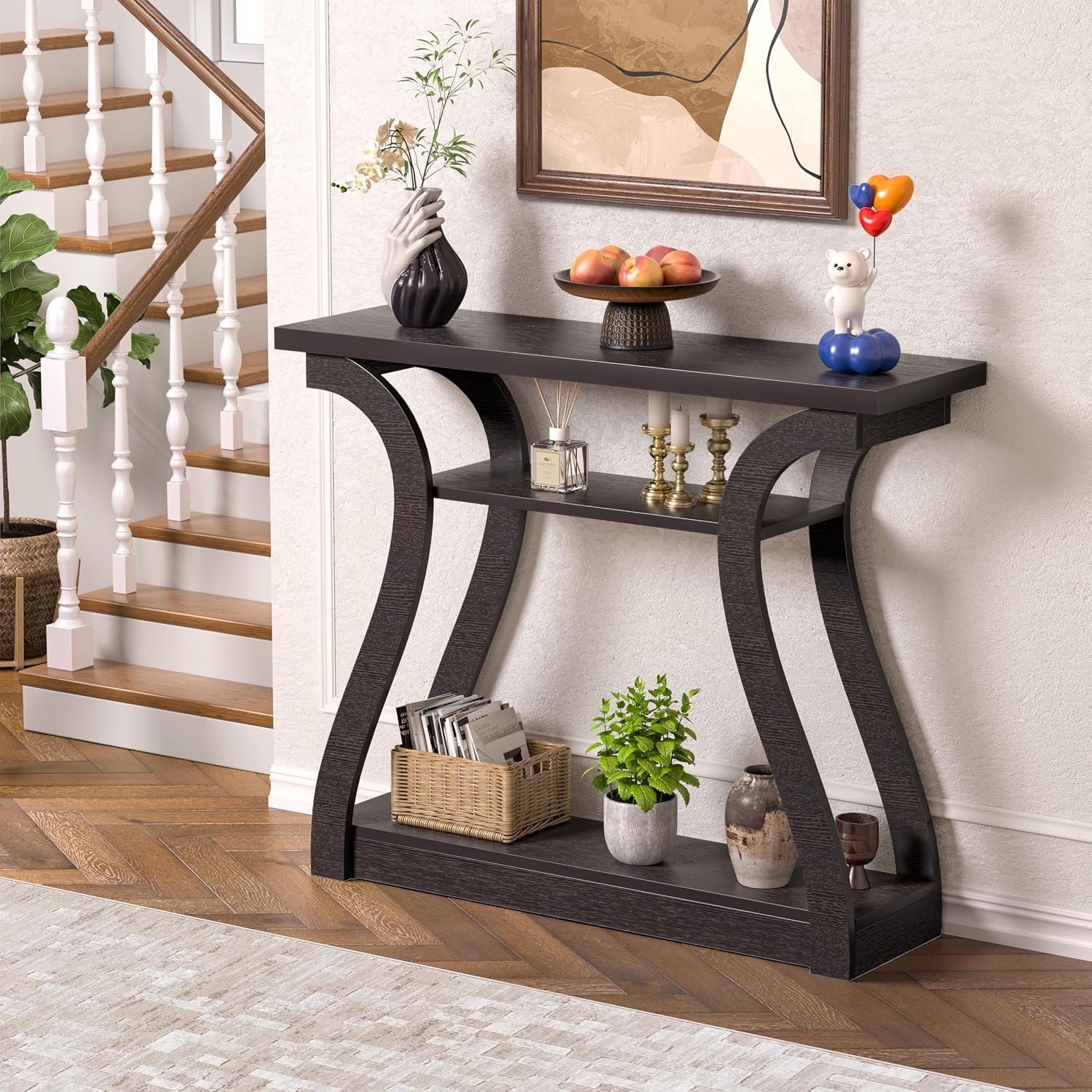 47″ Wood Console Table for Entryway, Narrow Sofa Table with 3-Tier Shelves | Curved Legs Farmhouse Hallway Table, Skinny Console Table Behind Couch, Rustic Wooden Entry Table for Living Room (Brown)