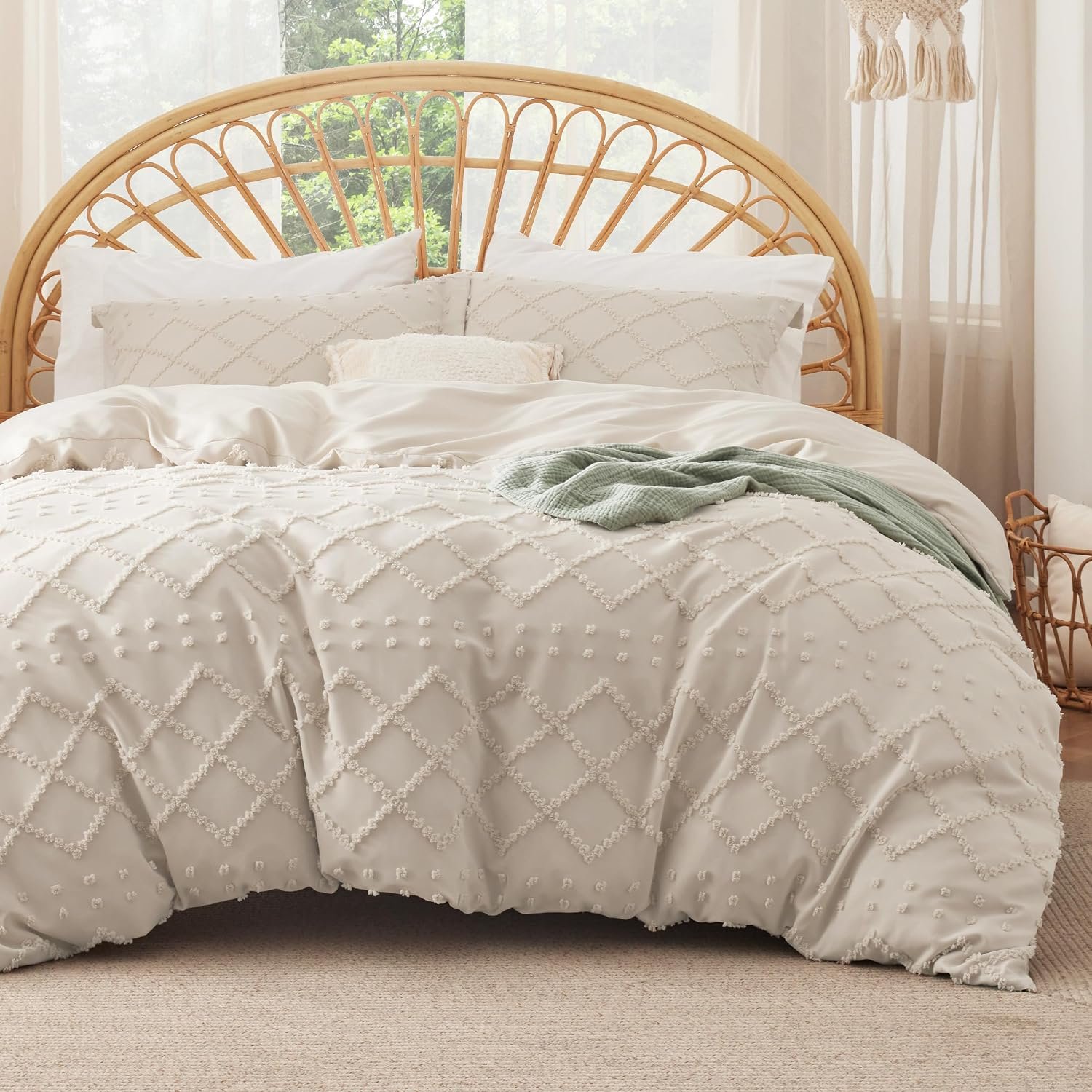 Bedsure Boho Duvet Cover Queen, Vintage Tufted Bedding, 4-Piece, Beige | Boho Bedding, Lightweight, Fade Resistant, Machine Washable, Soft, Breathable, All Seasons, Zipper Closure, 8 Corner Ties