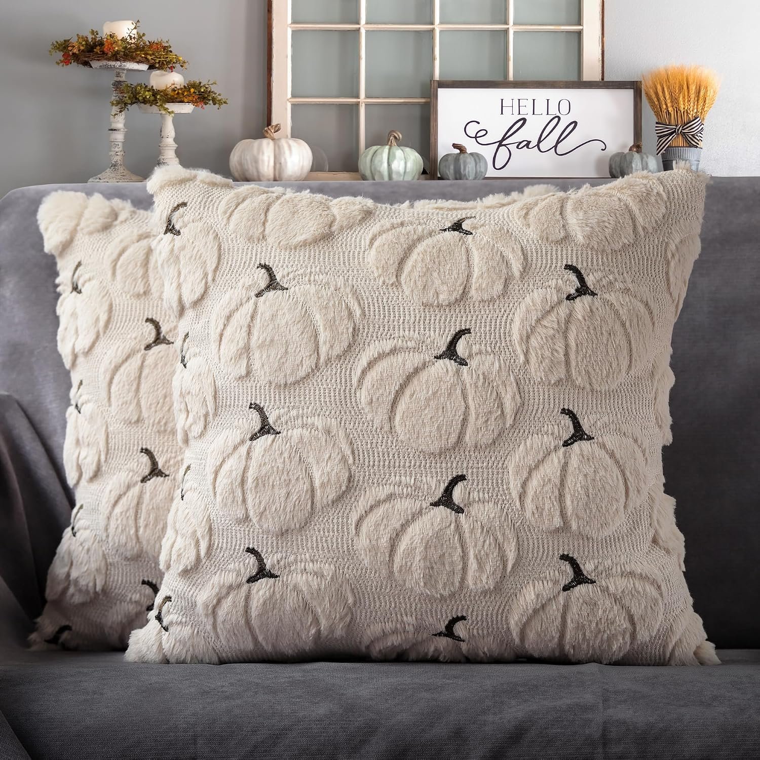 Fall Pumpkins Decorative Pillow Covers 18″x18″ Set of 2, Beige Soft Plush Faux Fur Throw Cushion Cases for Autumn Thanksgiving Holiday Home Decorations