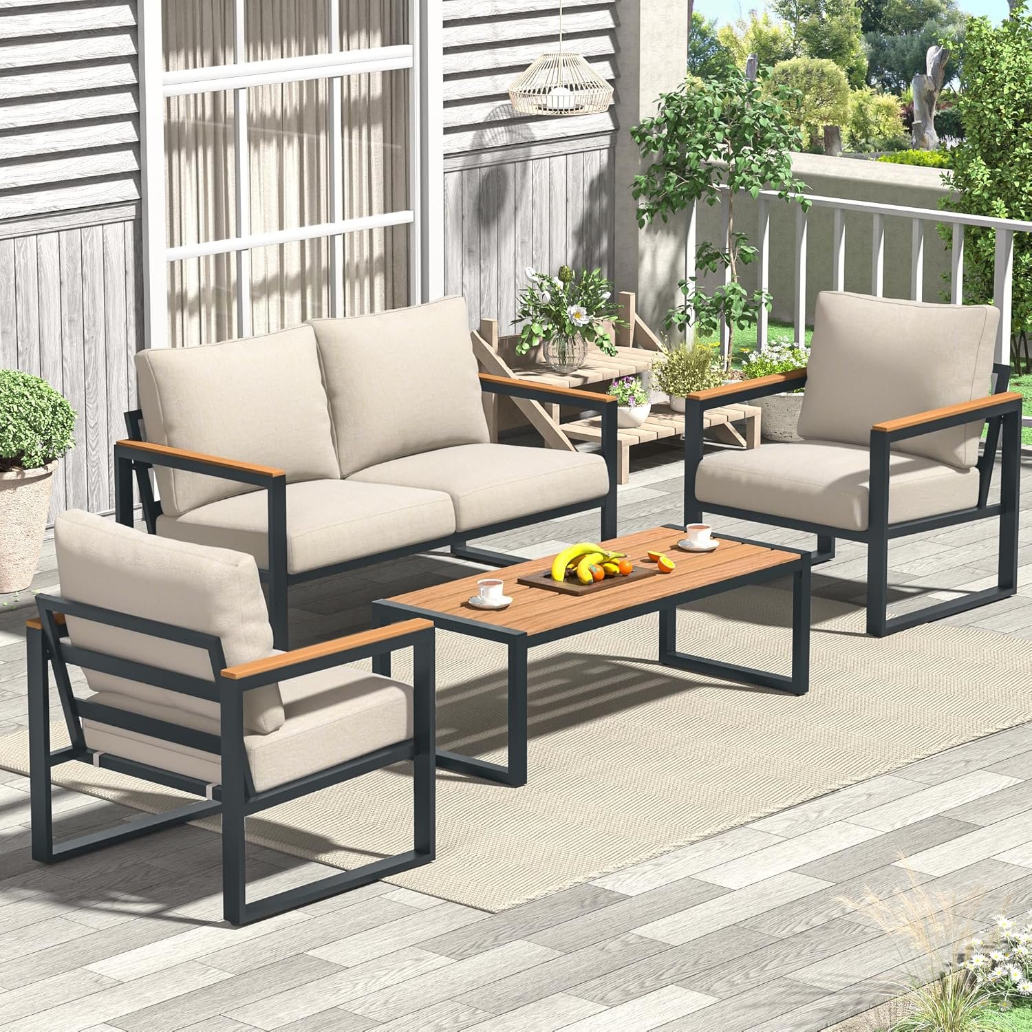 4 Pieces Metal Patio Furniture Set for Outdoor Balcony, Beige | 350LBS,With Coffee Table,Removable Cover,Water-Resistant,Rust-Resistant,Faux Wood Arm,4 Inch Cushion,For Front Porch Backyard