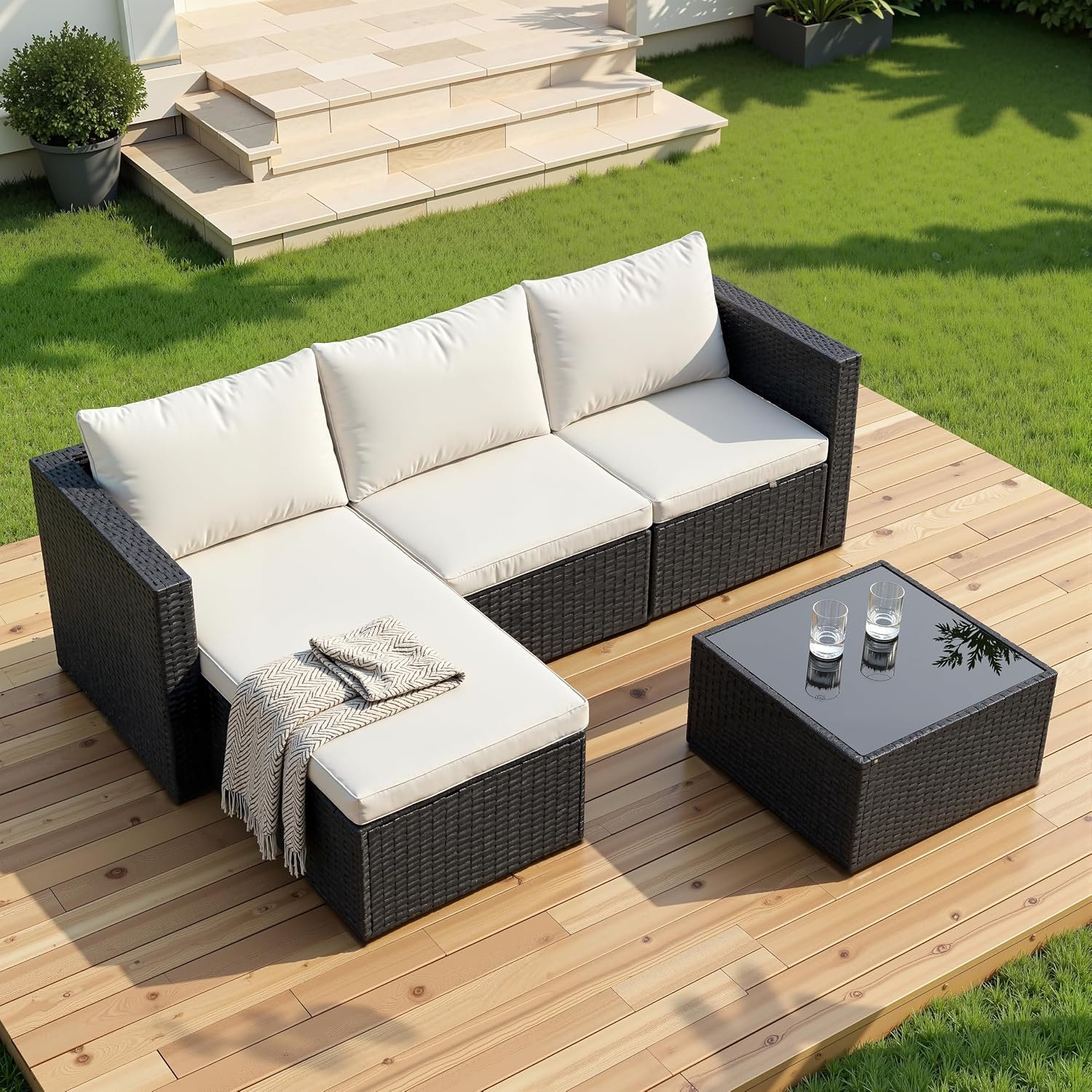 Shintenchi 4 Pieces Patio Furniture Set, 2-in-1 Convertible Sectional Sofa & Chaise Lounge, All-Weather Wicker Rattan Sofa Couch with Cushions & Coffee Table for Yard, Garden, Porch, Poolside (Beige)