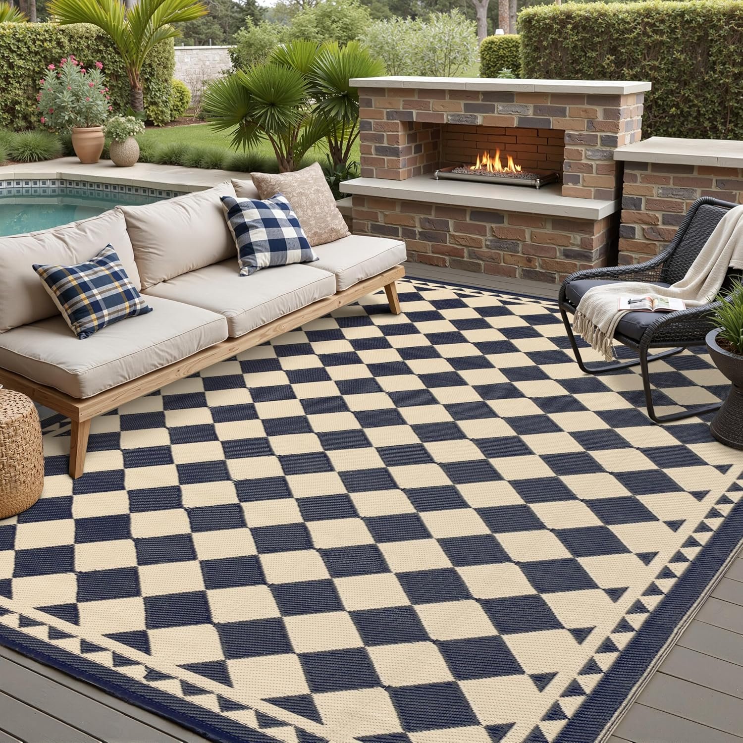 8×10 Black Beige Checkered Waterproof Outdoor Rug for Patio | Reversible Plastic Straw, Waterproof, Easy to Hose Off Outdoor Rug for Patio, Deck, Backyard, Beach