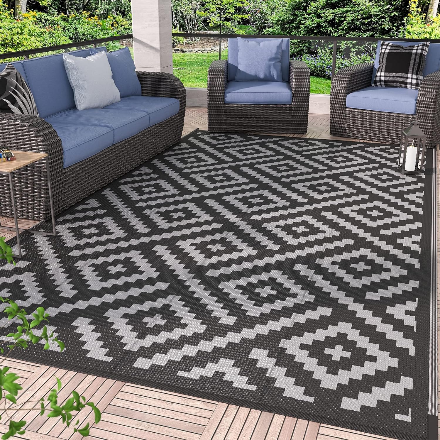 GENIMO Outdoor Rug, Waterproof Plastic Rugs for Patio, 6’x9′ Black Grey | Outside Larger Modern Carpet Mat for Porch Decor, Deck, Balcony, Camping, RV, Backyard, Picnic, Beach, Reversible, Foldable