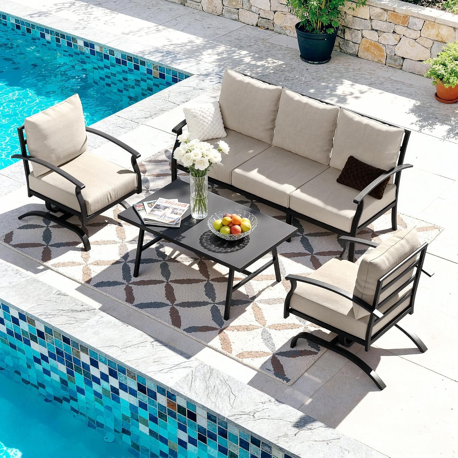 Kullavik Patio Furniture Set,4 Piece Metal Outdoor Patio Furniture Set,All Weather Modern Patio Conversation Sets w/3 Seater Sofa,2 Single Sofas and Coffee Table for Balcony Deck,Sand