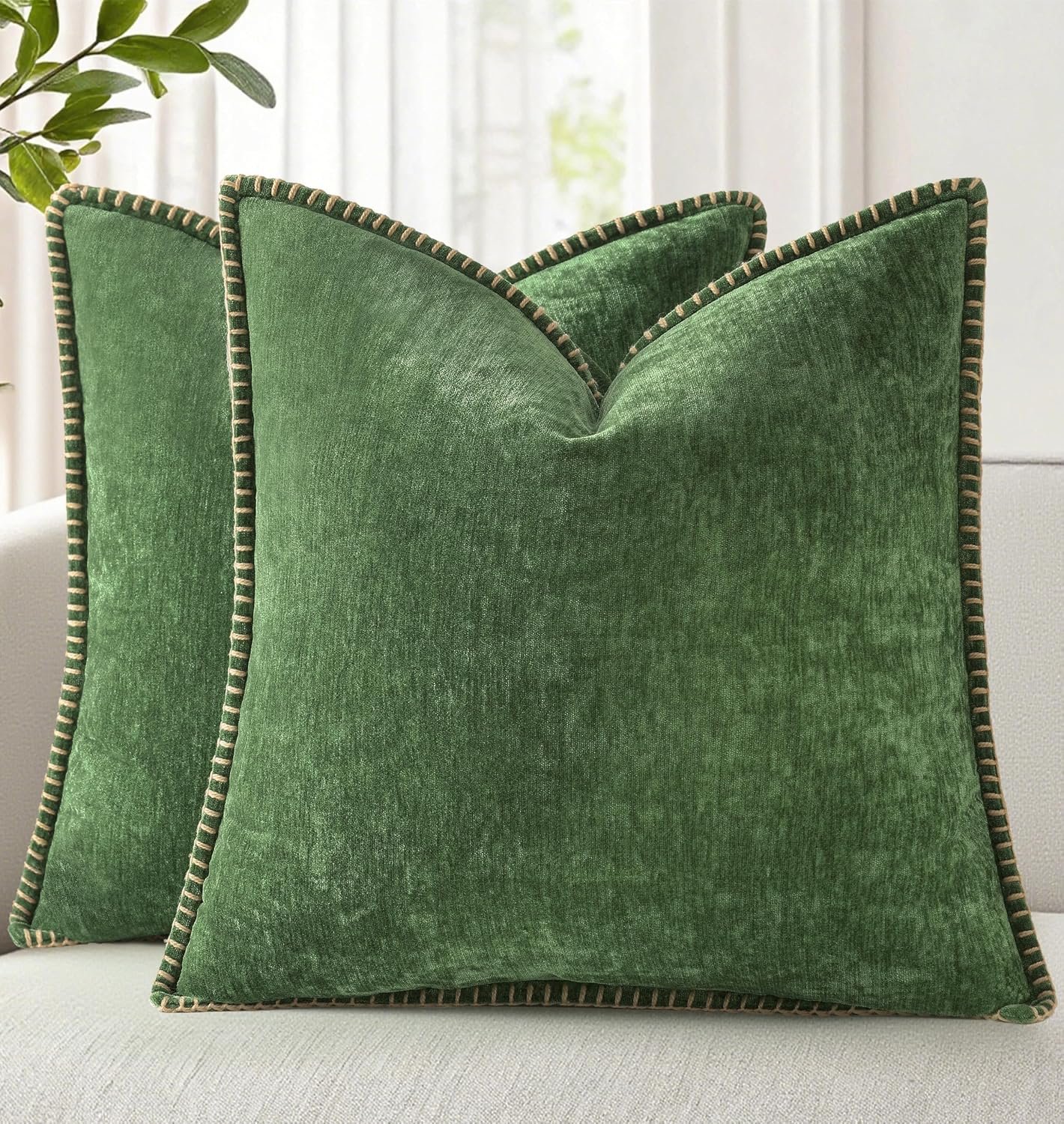 decorUhome Soft Chenille Throw Pillow Covers 18×18 Set of 2 Forest Green | Fall Textured Decorative Throw Pillow Cases Stitched Edge Modern Farmhouse Luxury Boho Velvet for Couch Sofa Bed Home Decor