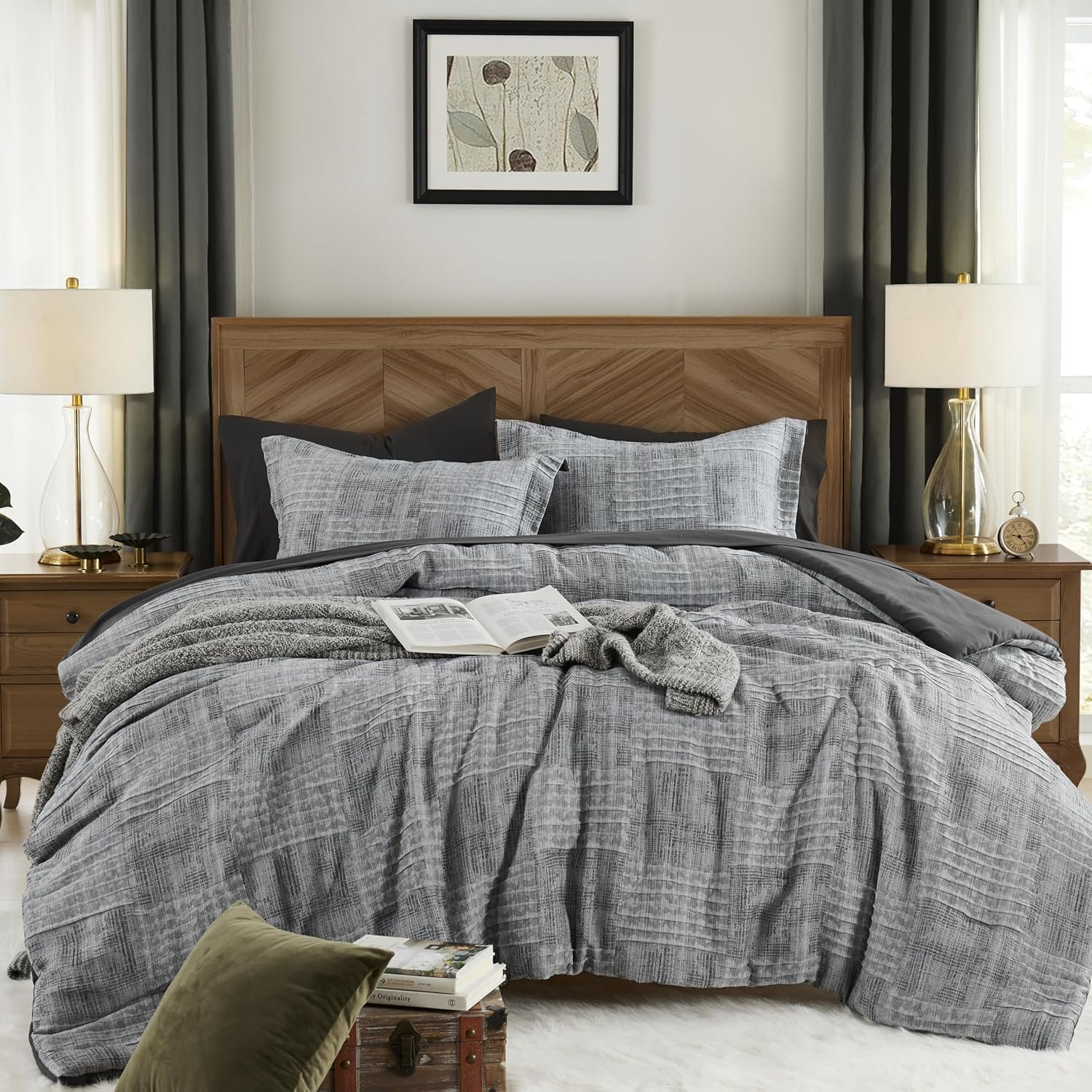 MaiRêve Queen Comforter Set Crinkle Textured Charcoal Grey Bedding 7 Pieces | All Season Bed in a Bag for Men with Comforter, Sheets, Pillowcases & Shams