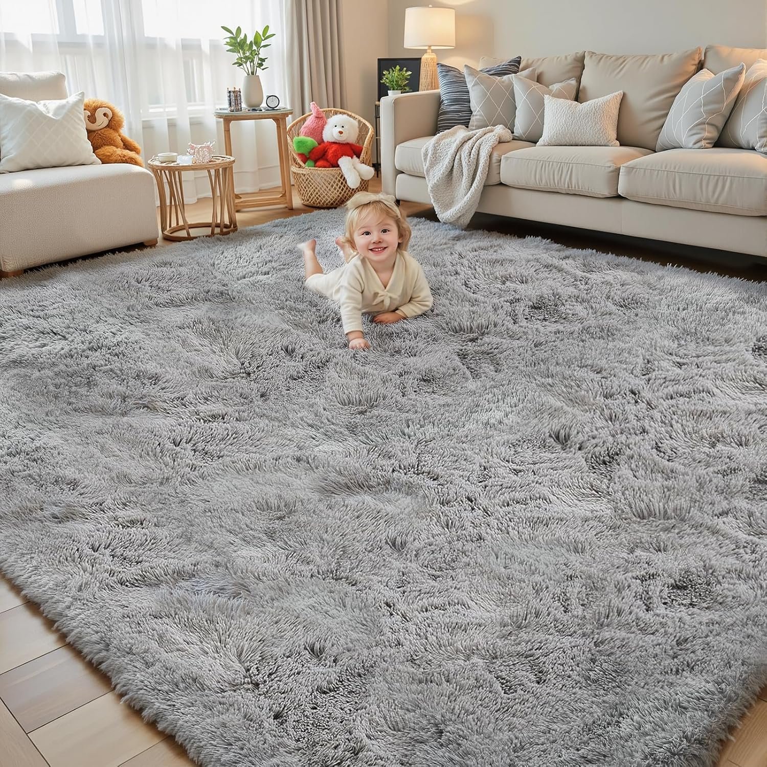 8×10 Area Rugs for Living Room,Light Grey Large Shaggy Soft Plush Furry Rug | Non-Slip Washable Indoor Floor Rugs, Fuzzy Plush Carpet for Bedroom Dorm Playroom Home Decor