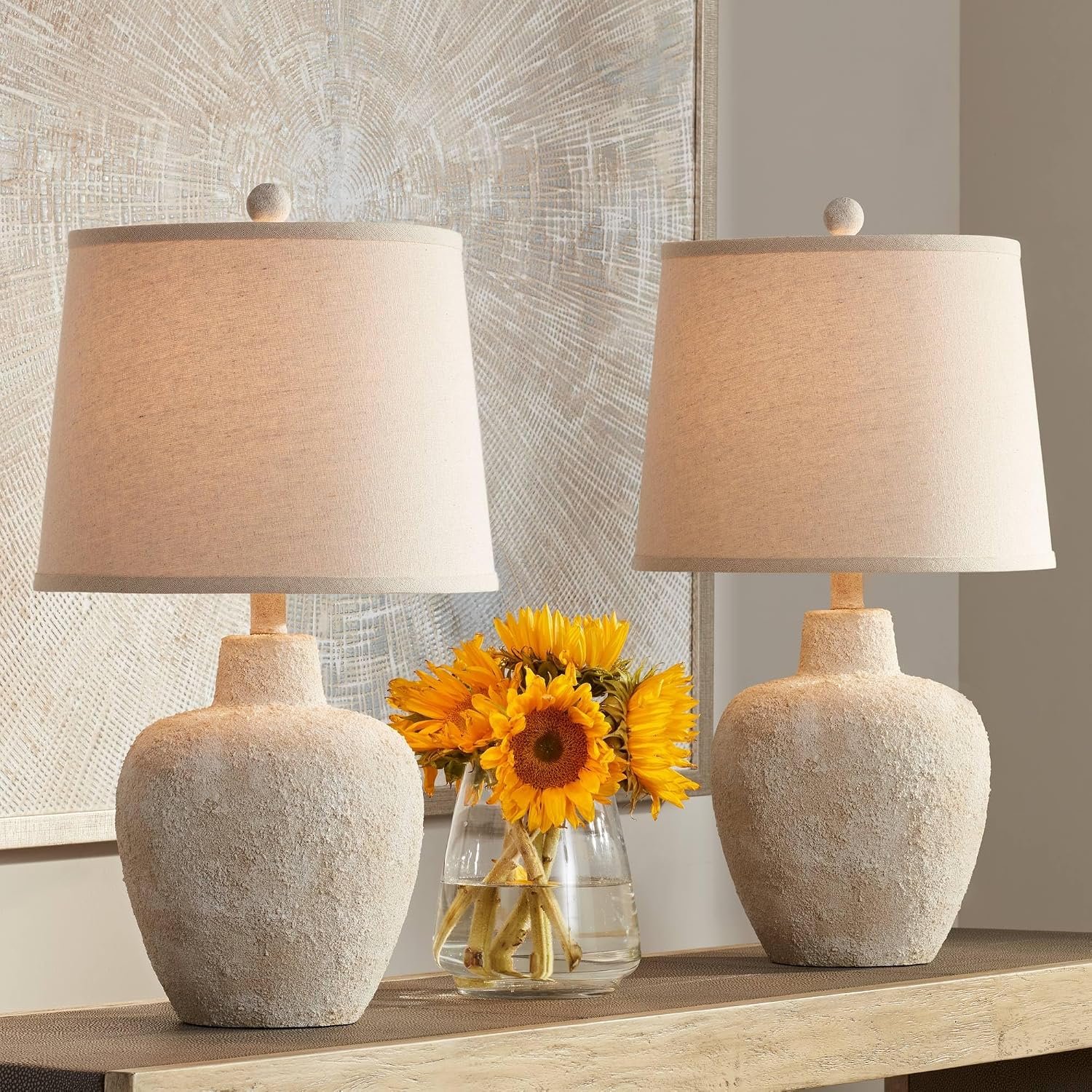 Romeo 23 1/2″ High Table Lamps Set of 2 Distressed Earth Jar Farmhouse | Coastal Beige Rustic Natural Cottage Living Room Bedroom Bedside Nightstand House Office Home Family