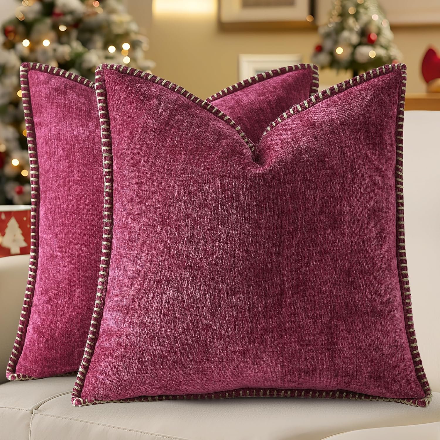 decorUhome Soft Chenille Throw Pillow Covers 20×20 Set of 2 Rhododendron | Fall Textured Decorative Throw Pillow Cases Stitched Edge Modern Farmhouse Luxury Boho Velvet for Couch Sofa Bed Home Decor