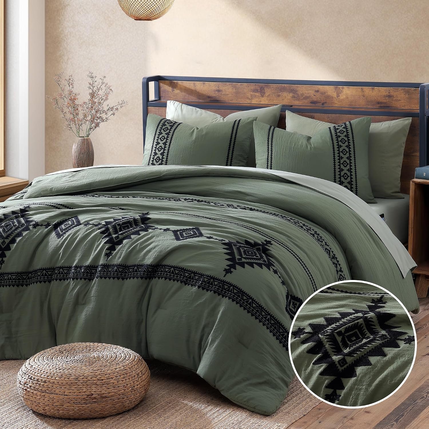 MaiRêve Embroidery Queen Comforter Set 7 Pieces Olive Green Bed in a Bag | Western Boho Farmhouse Bedding Sets with Comforter, Sheets, Pillowcases & Shams