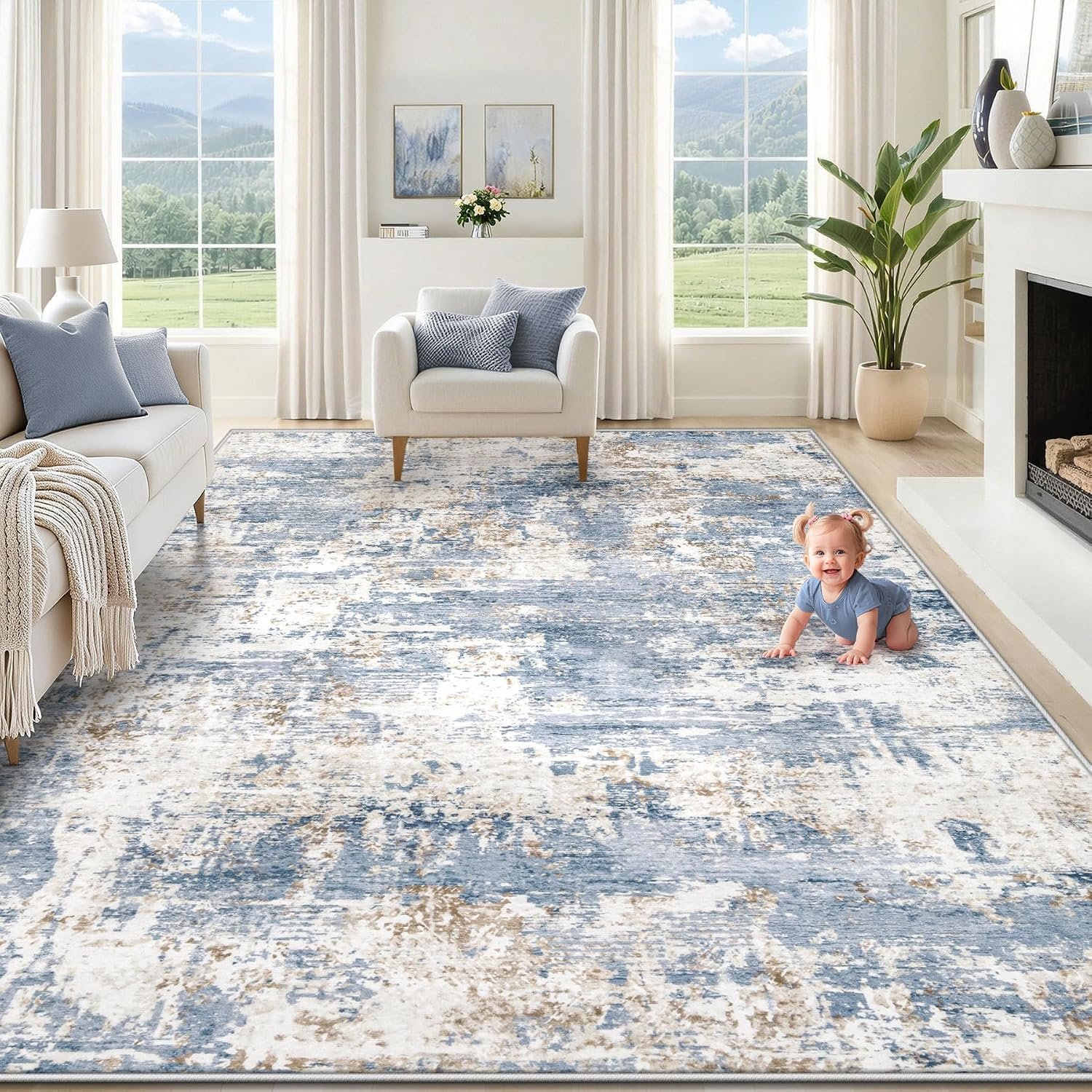 XLUEZ 8×10 Area Rugs for Living Room, Washable Modern Abstract Large Area Rug Neutral Soft Non Slip Kids Rug Stain Resistant Indoor Carpet for Bedroom Nursery Dining Children’s Room(Blue, 8’x10′)