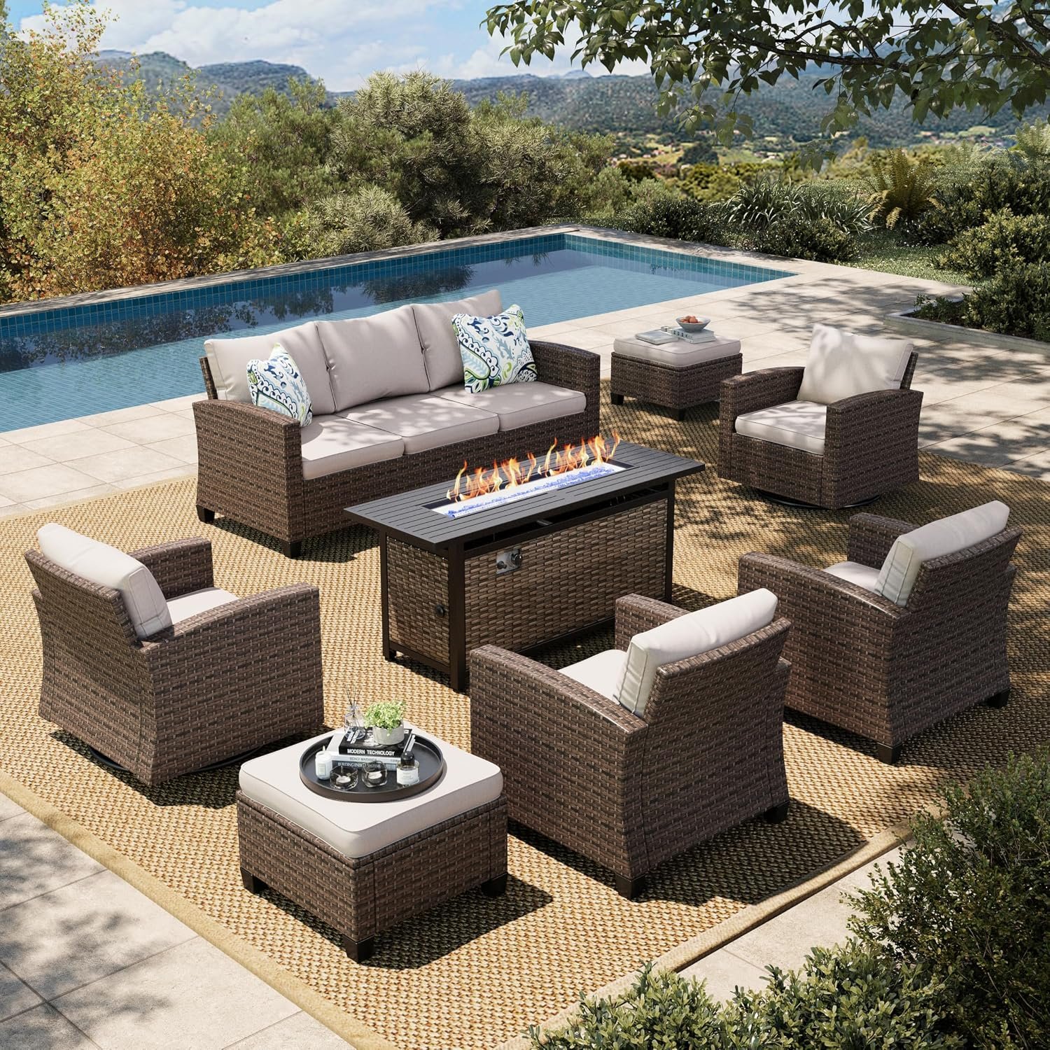 HERA’S HOUSE Swivel Glider Patio Furniture Set with Firepit Outdoor Wicker | Conversation Sets, 8 Pieces Deep Seat Rattan Sofa Sets with Cushions for Deck Backyard Lawn, Beige/Brown