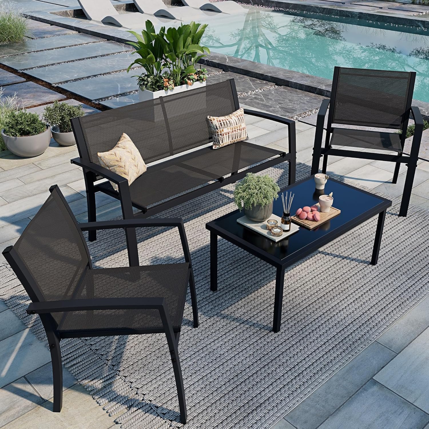 Shintenchi 4 Pieces Patio Furniture Set All Weather Textile Fabric Outdoor Conversation Set, with Glass Coffee Table, Loveseat, 2 Single Chairs for Home, Garden, Lawn, Porch（Black）