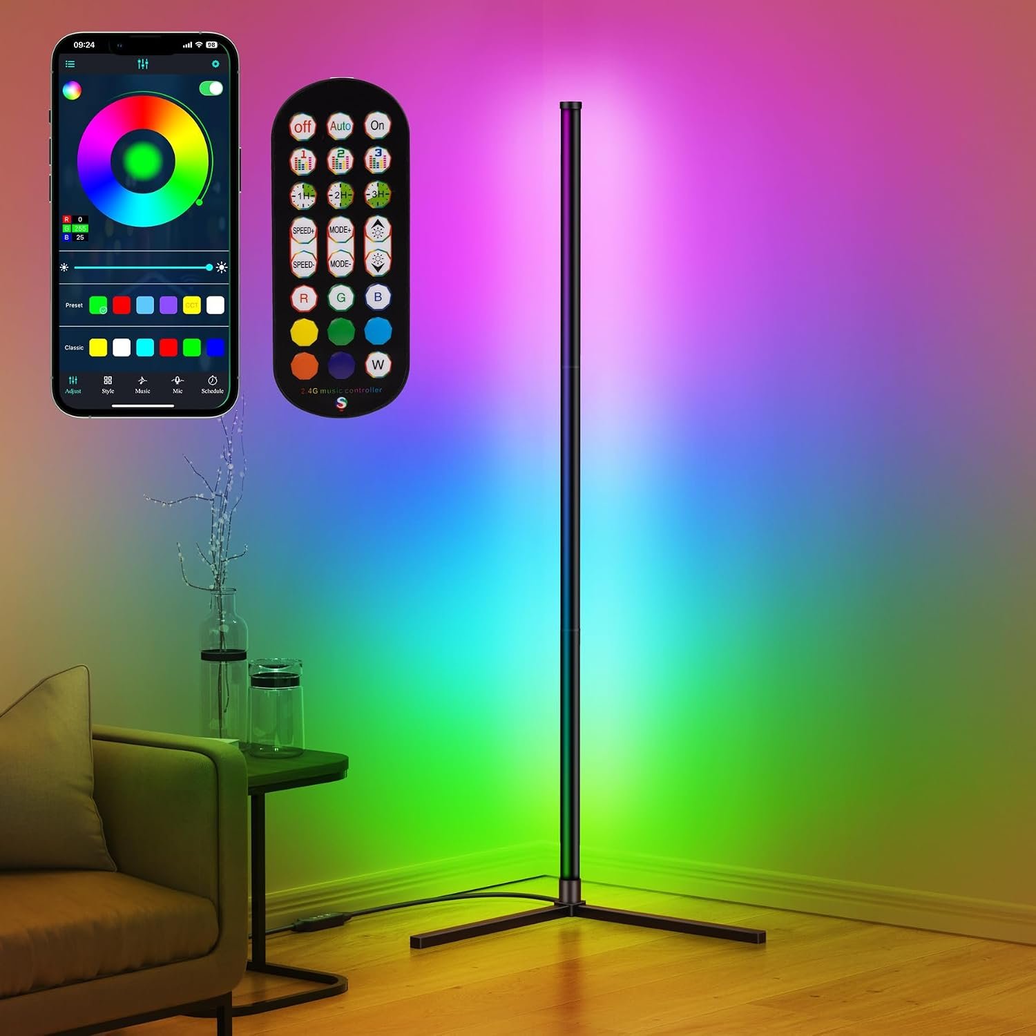 RIYO LED Corner Floor Lamp RGB Color Changing Standing Lamp App Remote Sync | 16 Million Colors & 68+ Scene Music Sync Ambient Lighting for Living Room, Bedroom, Gaming Room Decor