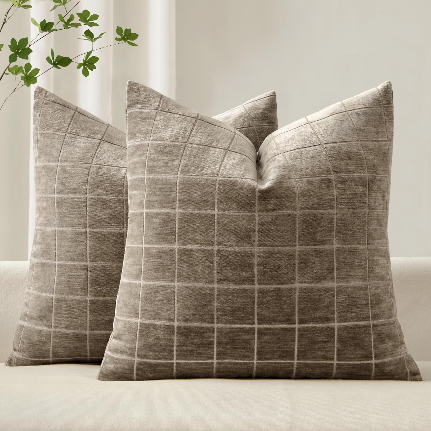 MIULEE Taupe Grey Plaid Decorative Fall Throw Pillow Covers 18×18 Set of 2 | Vintage, Check Chenille Couch Pillows, Boho Farmhouse Cushion Covers, Modern Home Decor for Sofa Bed Living Room
