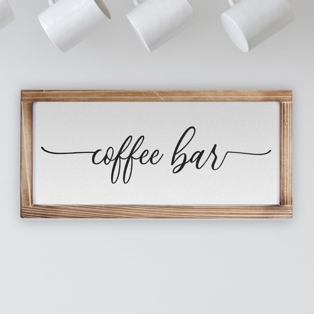 Coffee Bar Sign Decor 8×17 Inch, Coffee Sign Decor, Wooden Kitchen Wall Art | Easy Wall Mount Farmhouse Decor, Home Cafe Station Countertop Display, Housewarming Coffee Lover Gift, Breakfast Nook Styling
