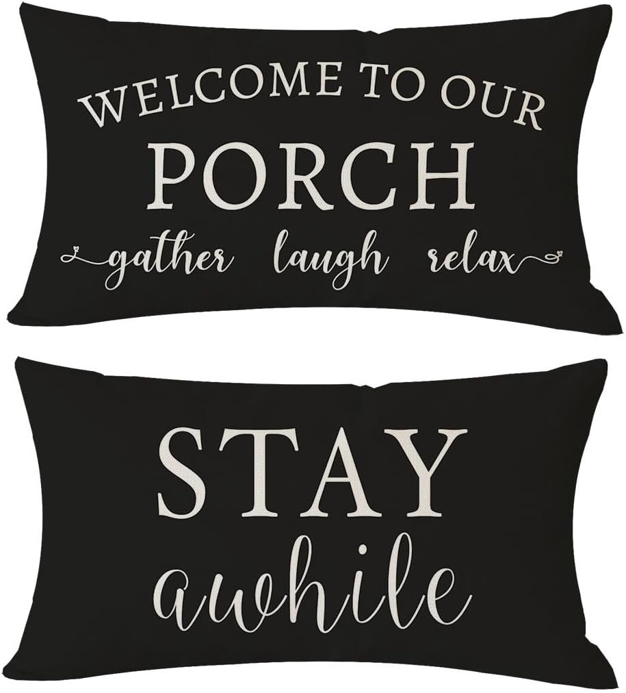 PANDICORN Outdoor Decorative Throw Pillow Covers 12×20 Inch Set of 2, Black | Welcome to Our Porch Stay Awhile Farmhouse Lumbar Cushion Case, Cozy Relax Porch Patio Decorations for Home Couch Bench Decor