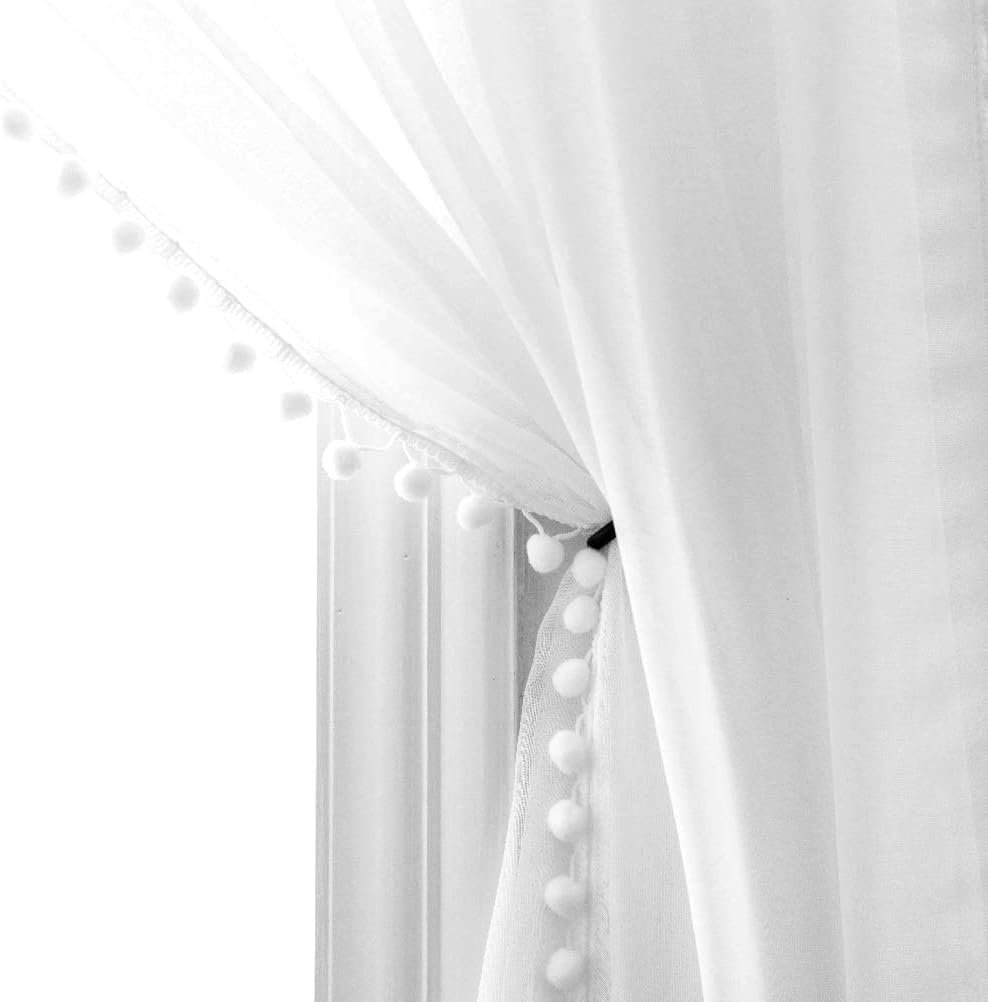 MISS SELECTEX Linen Look Pom Pom Tasseled Curtains – Rod Pocket Voile Semi-Sheer for Living and Bedroom, Set of 2 Panels (52 x 63 inch, White)