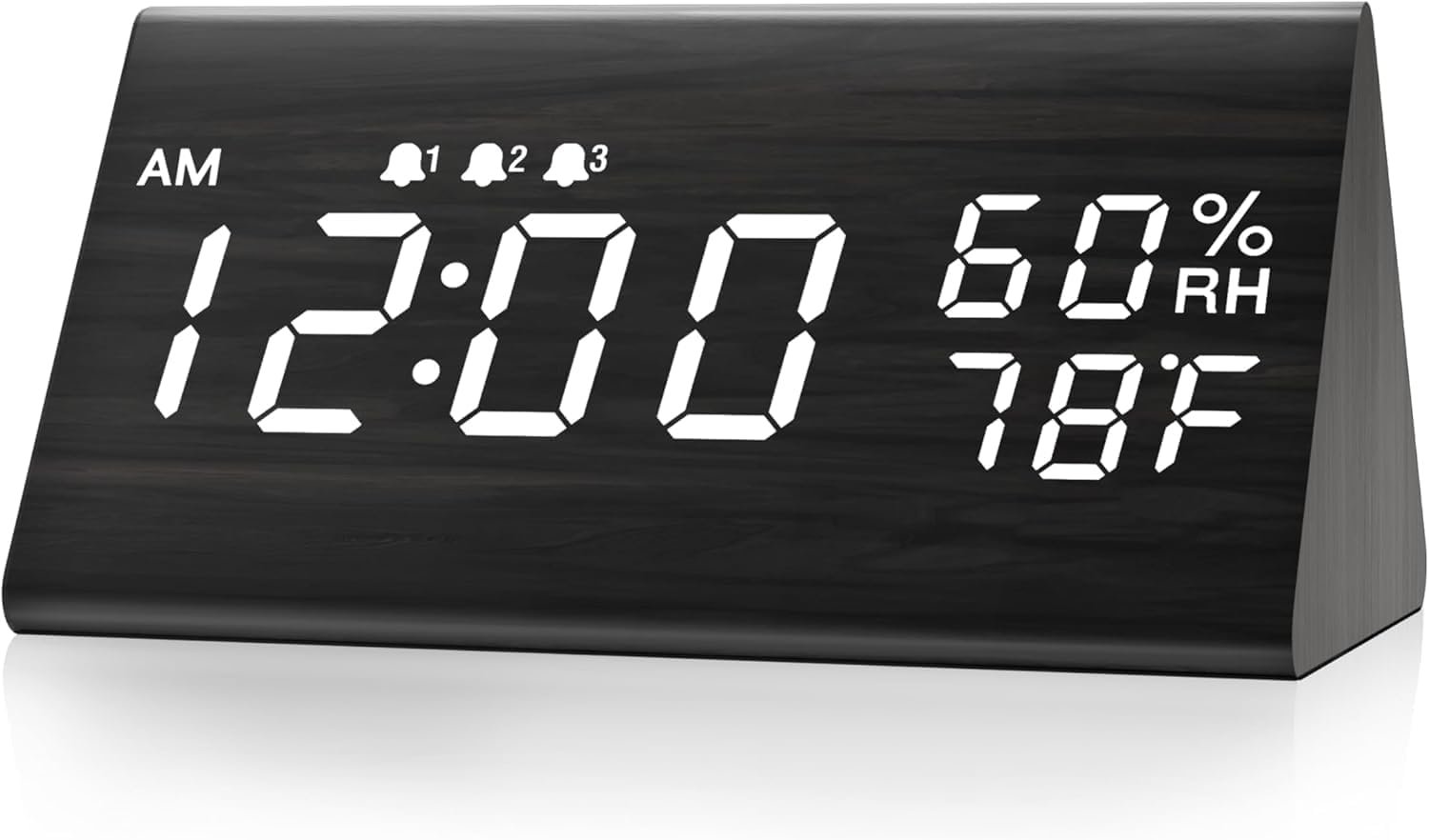 JALL Wooden Digital Alarm Clock for Bedrooms and Office, 3 Alarms with Big Digits, Humidity and Temperature Display, 6-Level Dimmer, Snooze, Loud Desk Clock for Heavy Sleepers, Plug in (Black)