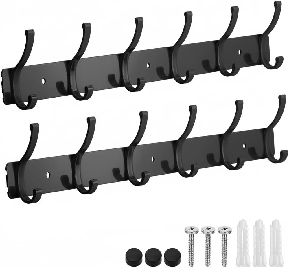 Wall Mount Coat Rack 2 Pack, Black Coat Hooks Hanger with 6 Double Hooks | Zinc Alloy, Smooth Hook Edges, Screw Installation, Double Hooks，Greater Storage Space for Hanging Robes, Clothes, Bags, Hat