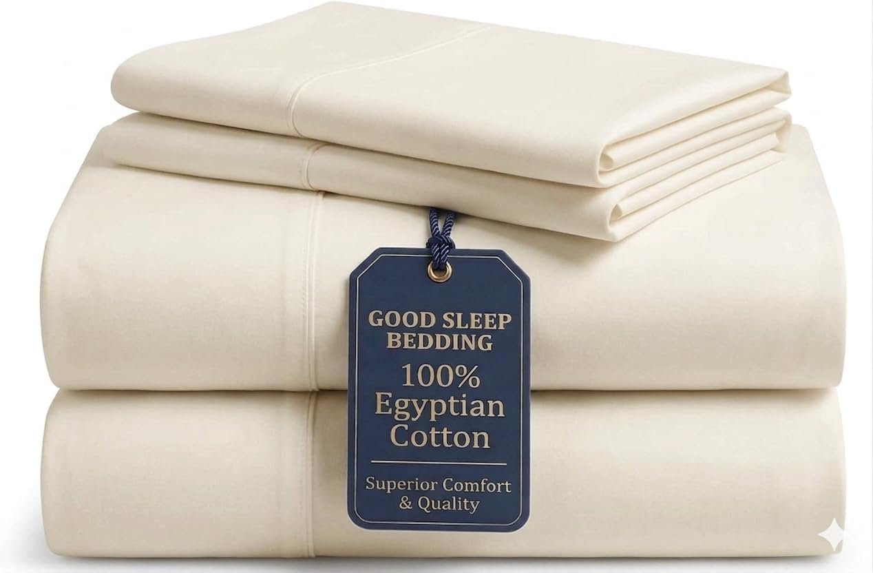 Good Sleep Bedding 100% Egyptian Cotton King Size Sheets Set, 4 Piece Silky Sateen Weave King Bed Sheets, Ultra-Soft & Durable Hotel Luxury, 16″ King Size Sheets Deep Pocket Set – Ivory