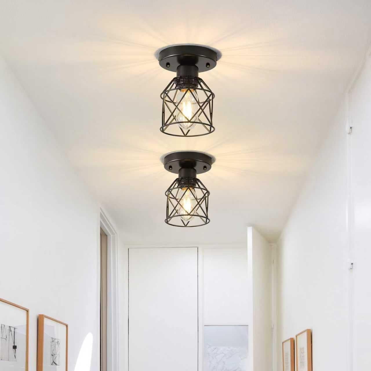 2-Pack Farmhouse Semi Flush Mount Ceiling Light, Black Metal Cage Fixture | Black Metal Cage Design With E26 Base, Adds Durable Farmhouse Style Lighting for Hallways, Kitchens, Bedrooms & Entryways
