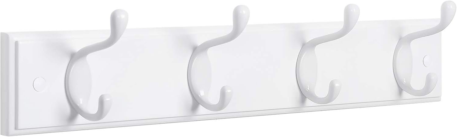 SONGMICS Wall-Mounted Coat Rack, Hook Rack, 4 Dual Metal Hooks, White | For Coats, Bags, Keys, in the Entryway, Bedroom, Living Room ULHR23WT