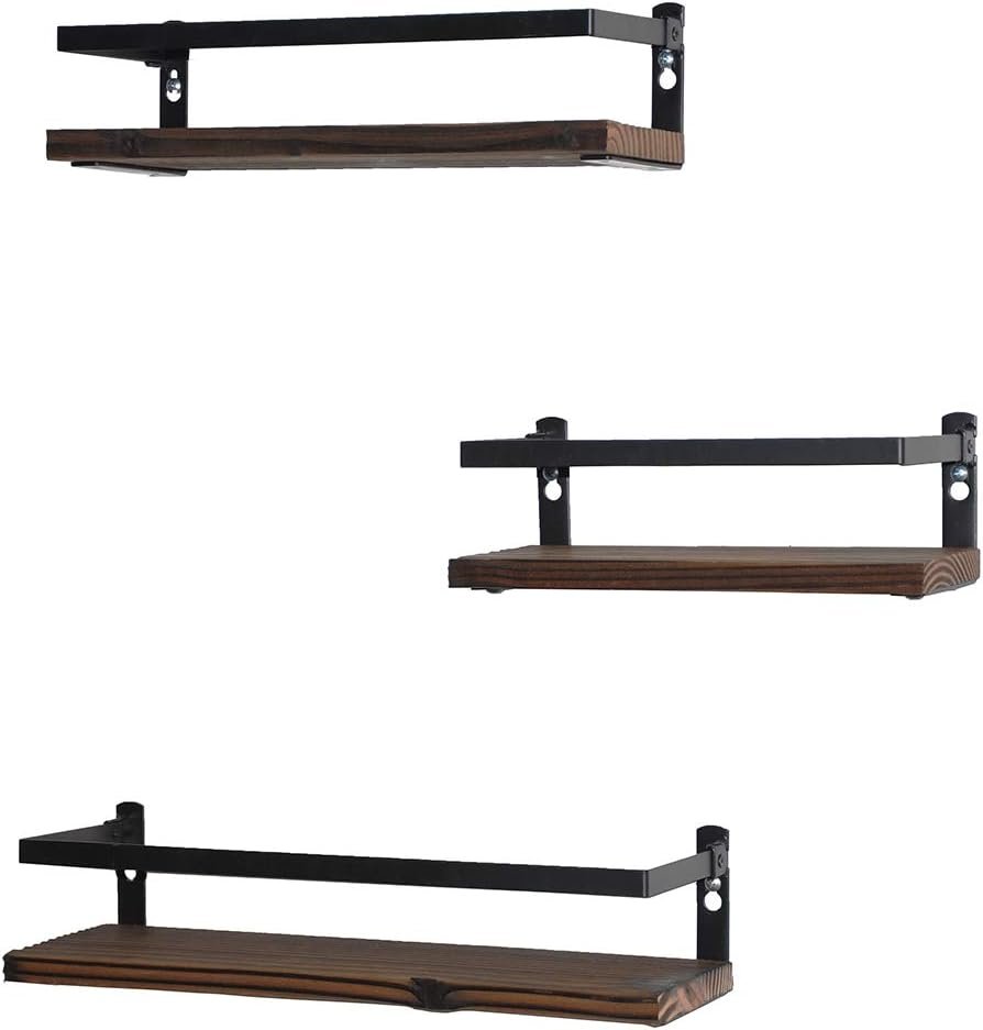 PHUNAYA Floating Shelves Rustic Wood Wall Mounted Shelf Practical Metal Fence Design Ideal for Bedroom, Bathroom, Kitchen Set of 3(Brown)