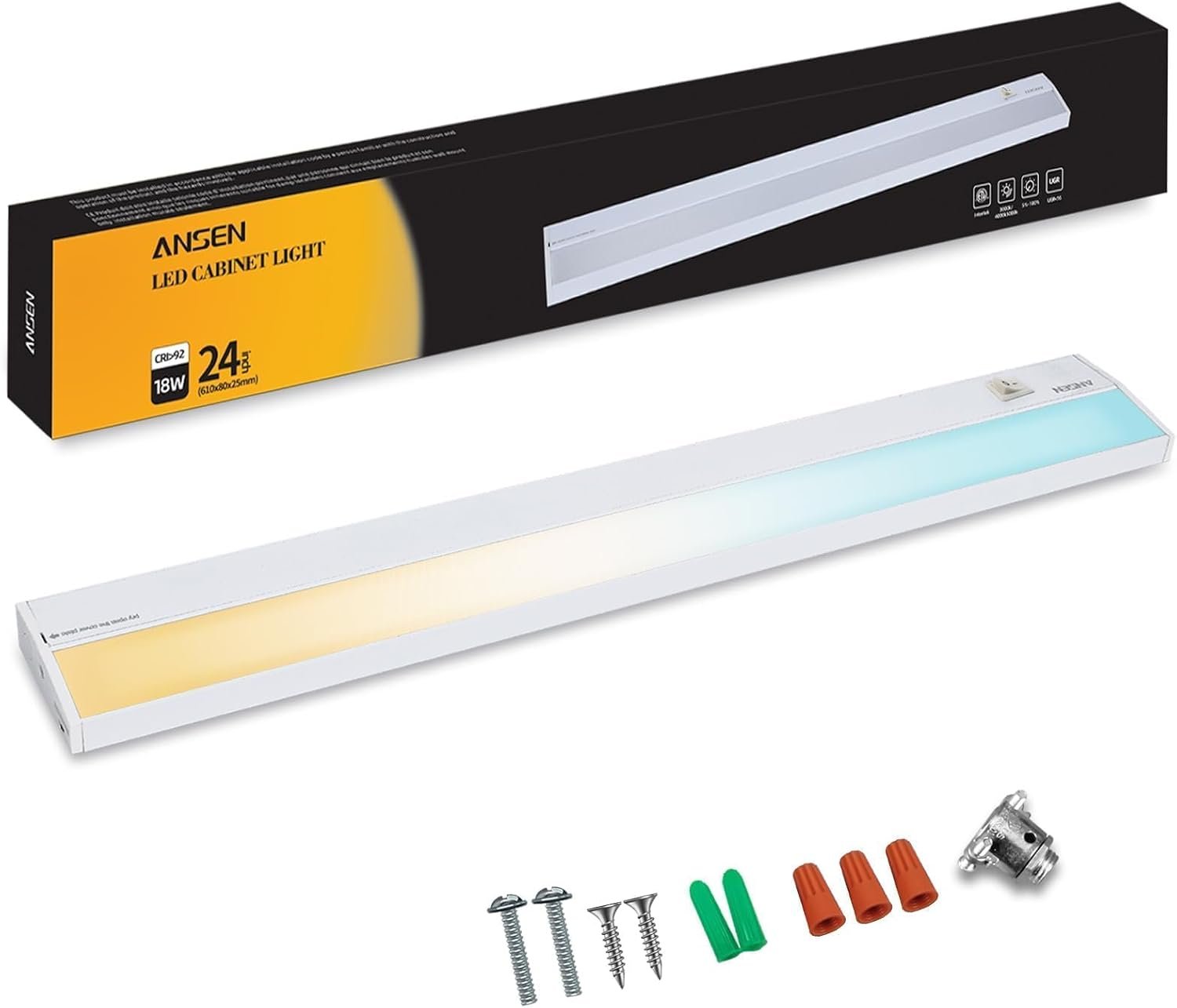 Hardwired Under Cabinet Lighting, 24in 18W LED Light for Kitchen/Closet, 1237lm, CRI>92, R9>90, 5 Color Temperature, Dimmable, 2700K-5000K(Warm White, Cool White, Daylight)