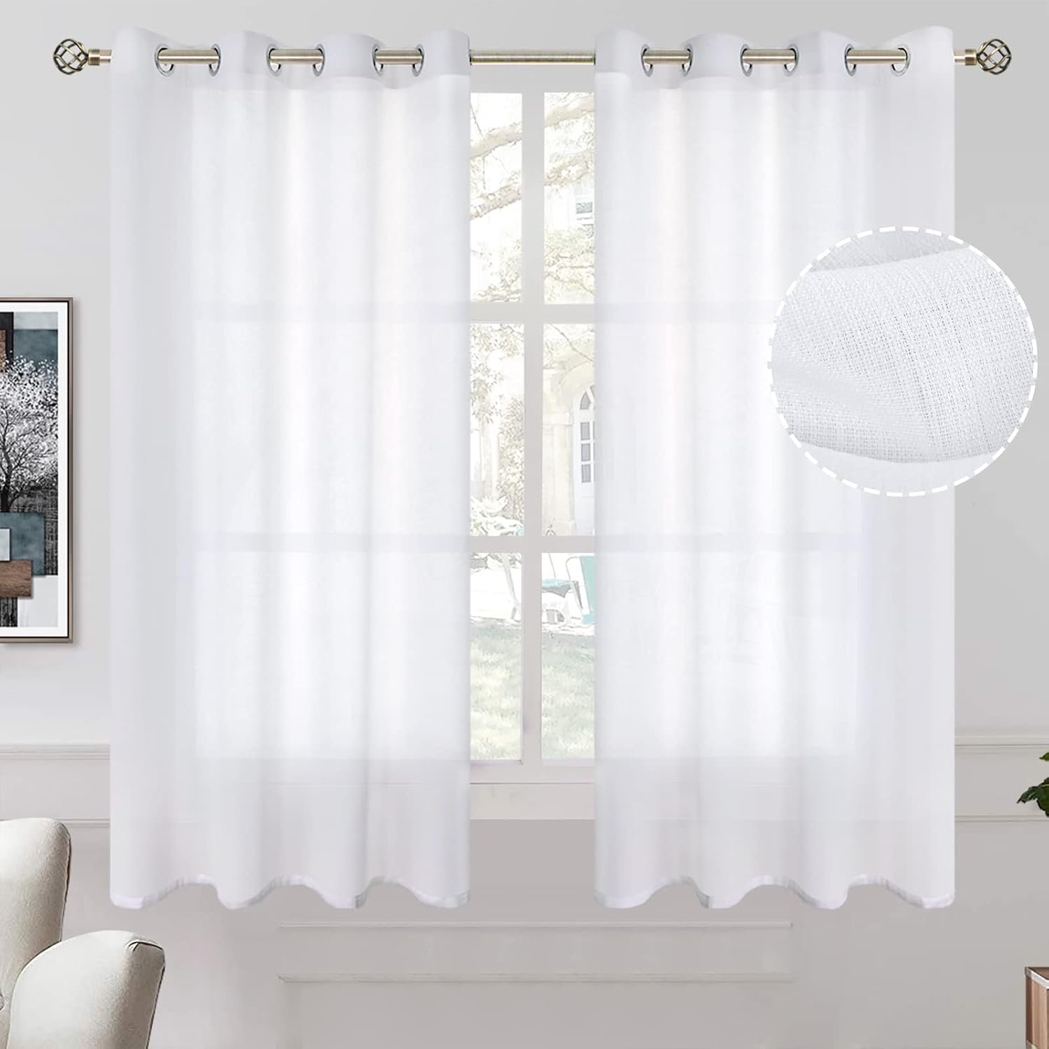 BGment White Sheer Curtains 63 Inch Length 2 Panels for Bedroom, Light Filtering Linen Semi Sheer Privacy Curtains Grommet Opaque Textured Casual Drapes for Living Room, 52 x 63 Inch