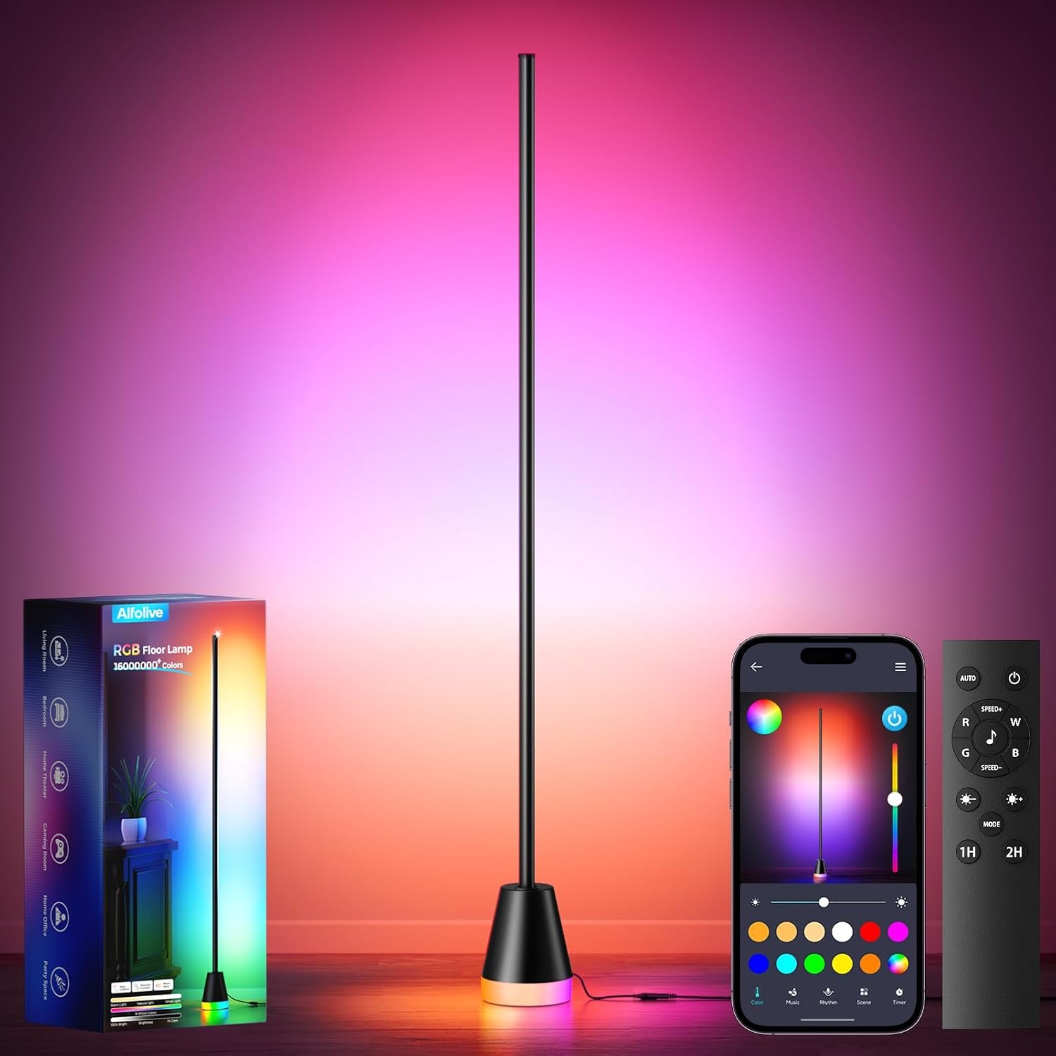 RGBIWC Corner Floor Lamp, Smart Ambient LED Light, Black | 16 Million Colors, Music Sync, Dynamic Lighting, 1800LM Brightness, APP/Remote Control, for Bedroom Living Room Gaming Room