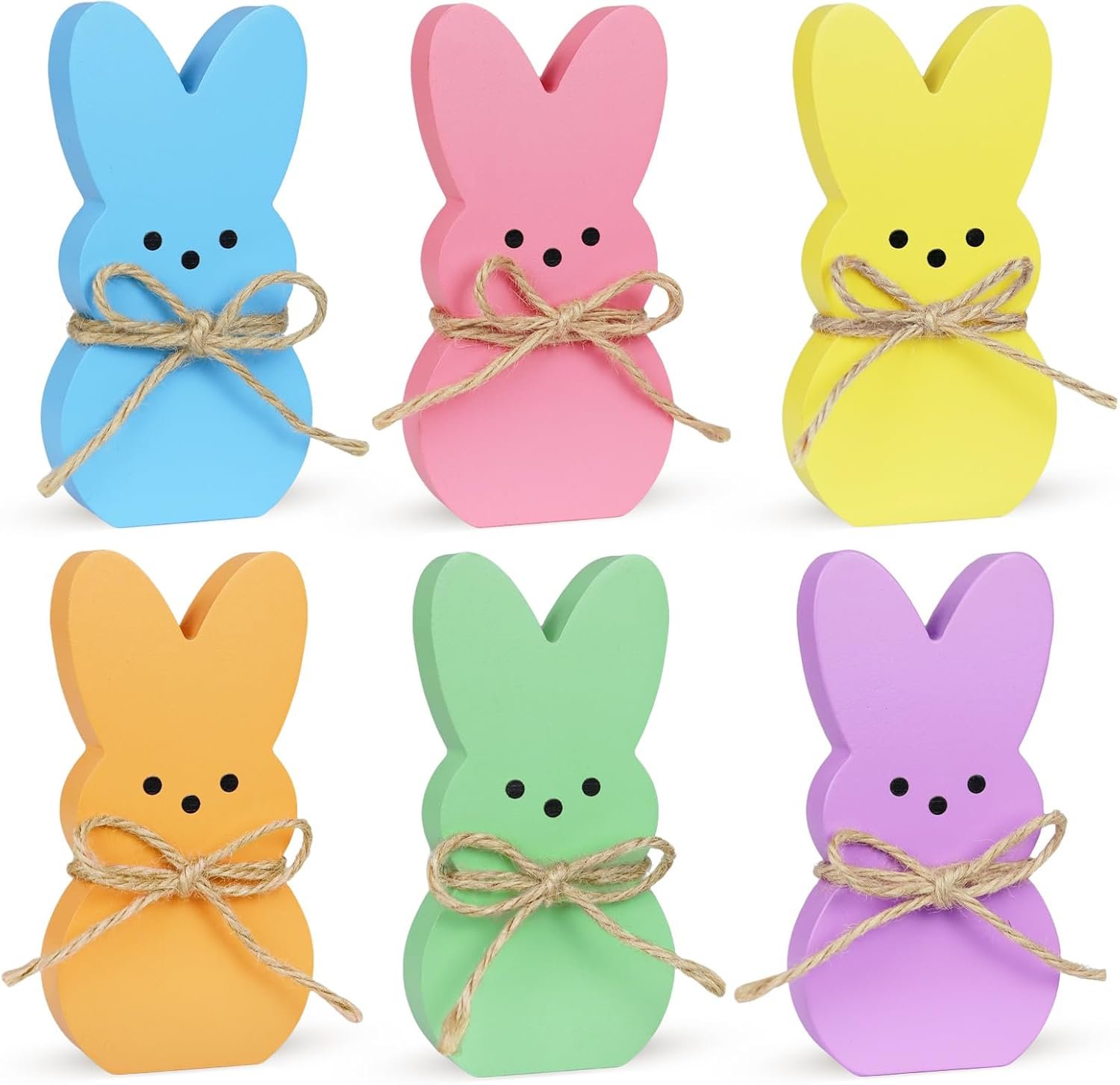 Runleo Easter Table Decorations Bunny Decor, 6 Pcs Wooden Bunny Easter Sign | Cute Rabbit with Rope for Home Tiered Tray Mantel Office Kitchen Room Tabletop Centerpiece Vase Holiday Party Spring Decor