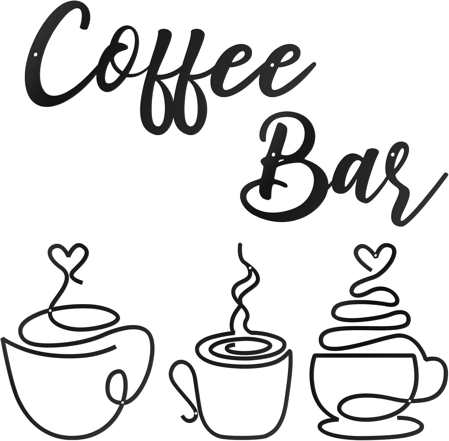 Sadnyy 5 Pcs Coffee Bar Metal Wall art coffee cup signs Hanging Metal wine Wall decor for Home Office Kitchen Bar, Black