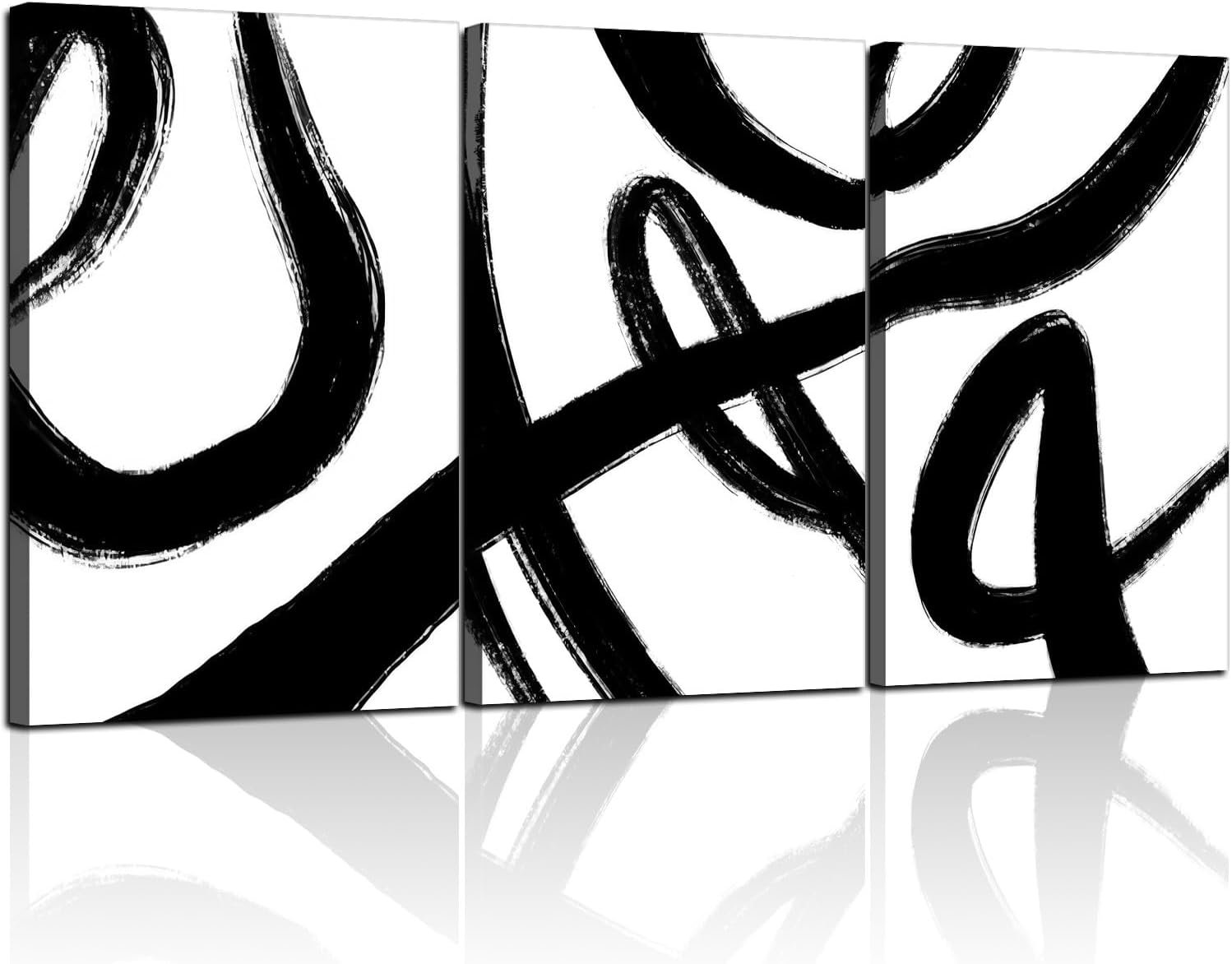 3Pcs Framed Abstract Black and White Canvas Wall Art Minimalist Brushstroke Line Prints Modern Home Gallery Style Picture Painting Posters Bedroom Living Room Office 12×16 Inch Ready to Hang