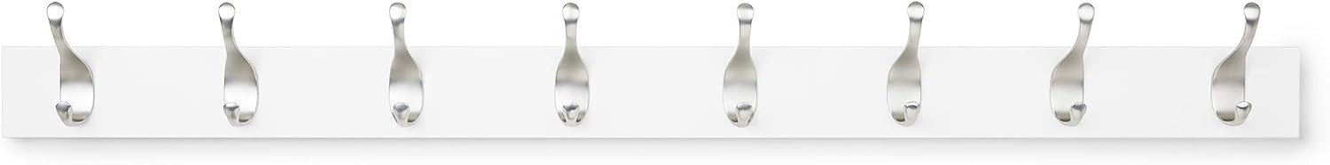 Amazon Basics Wall Mounted Modern Coat Rack for Entryway and Bedroom with Versatile Storage Hooks, Rectangular, 8-Hook, White | Rectangular