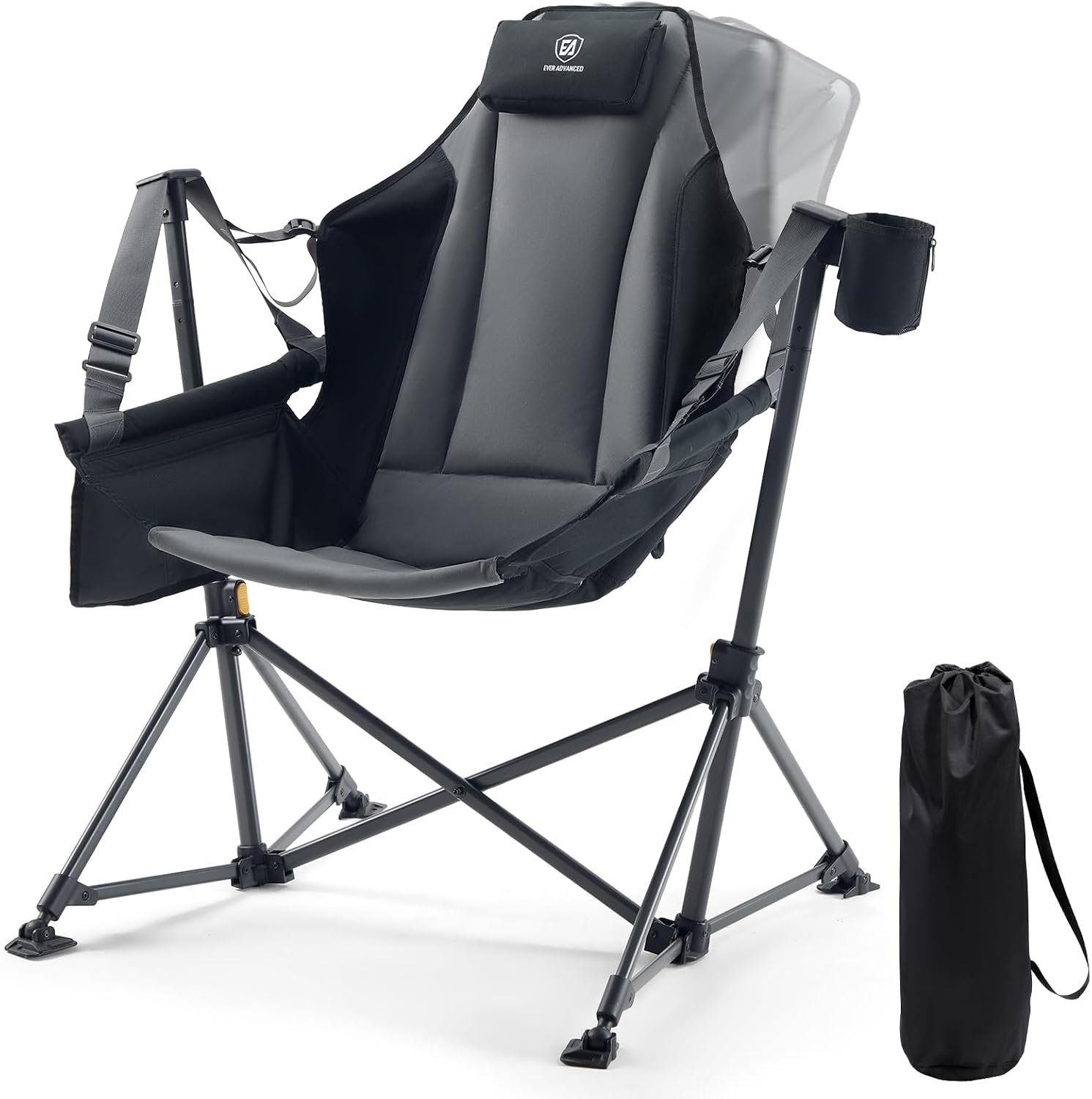 EVER ADVANCED Padded Oversized Hammock Camping Chair, Compact Heavy Duty Swing Chair with Multi-Storage Pockets, Portable Folding Rocking Camping Chair, Support Up to 400lbs, Black